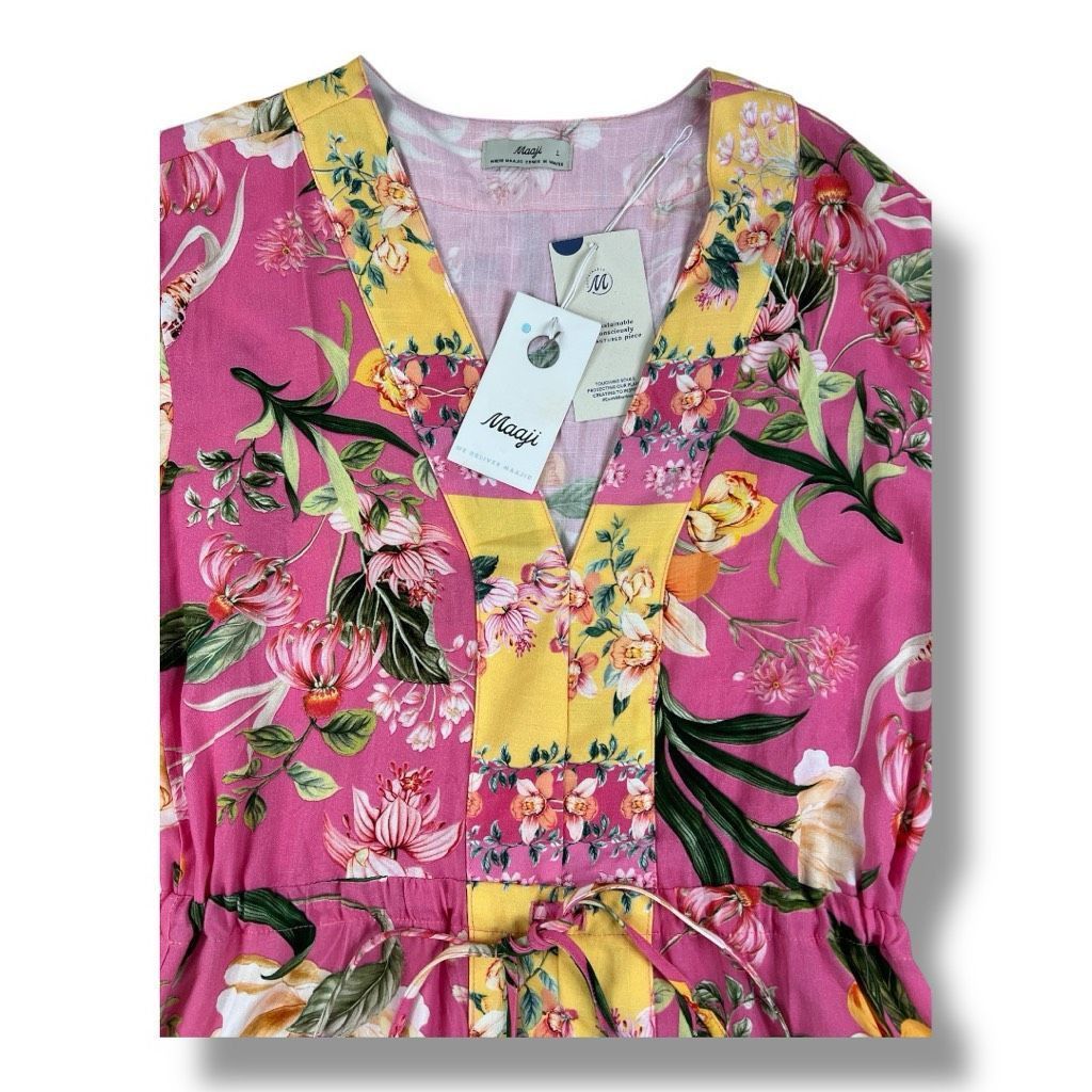 Other Maaji Botany Joy Kaftan Floral Pink Yellow Dress Bell Sleeve Size Large Size L / US 10 / IT 46 - 4 Thumbnail