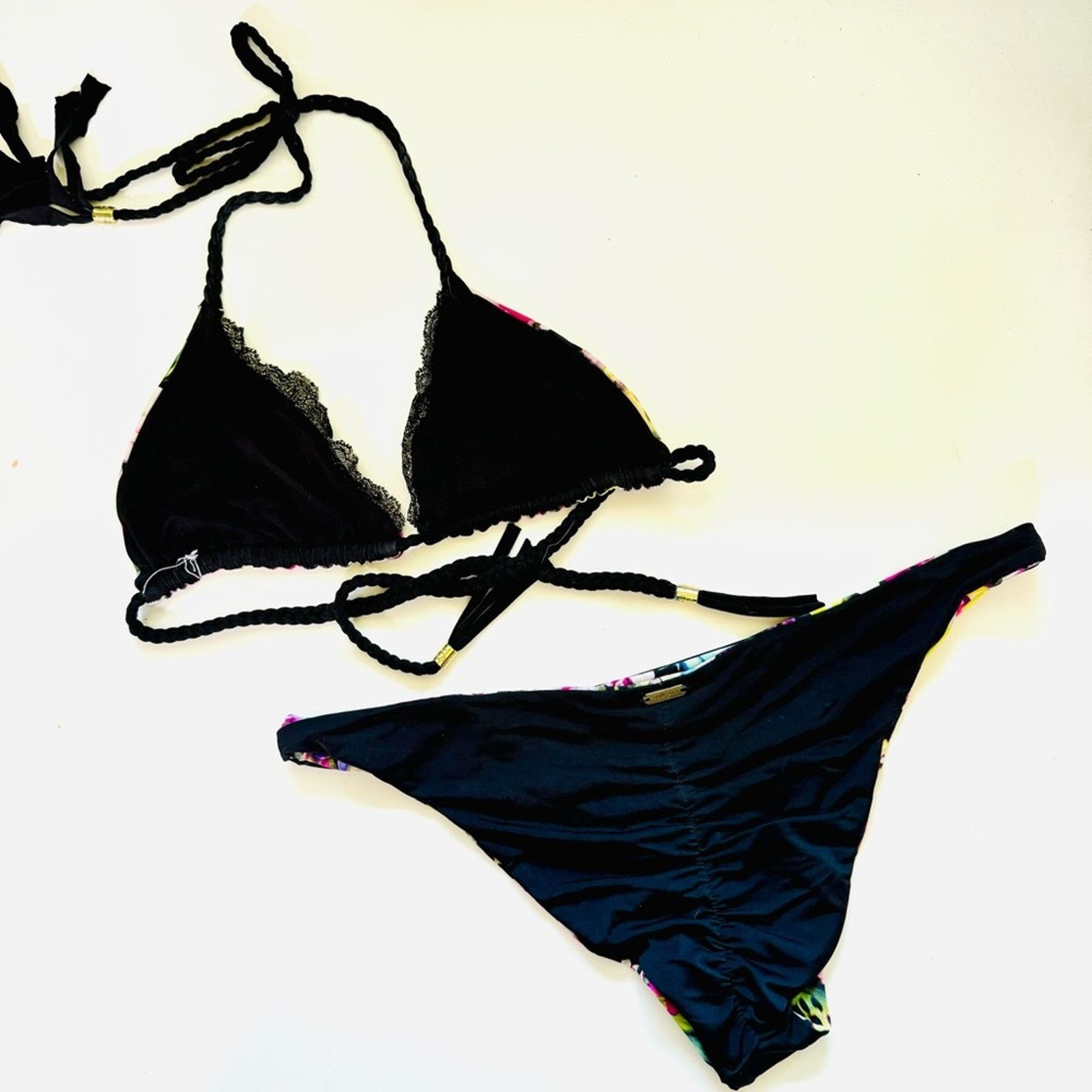 Anthropologie BEACH BUNNY Black Pink Floral Print Reversible Strap Bikini Size ONE SIZE - 5 Thumbnail