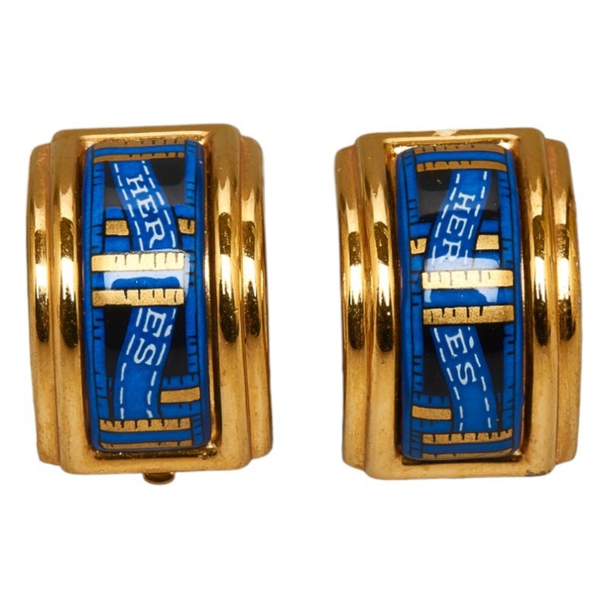image of Hermes Enamel Ribbon Motif Earrings Gold Blue Plated Women's Hermes