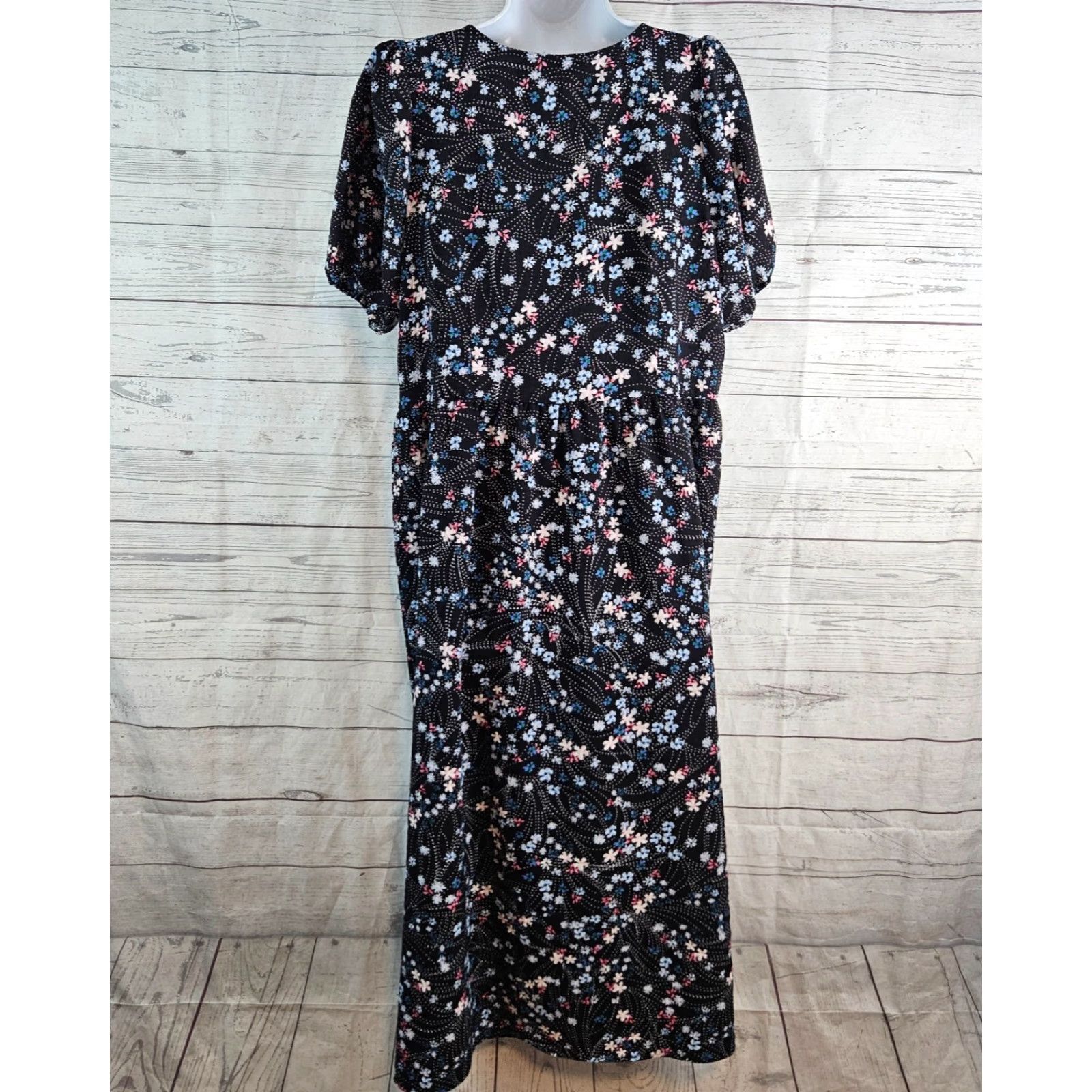 Loft Ann Taylor LOFT Dress Womens Sz Large Black Blue Floral V-Neck Size L / US 10 / IT 46 - 3 Thumbnail
