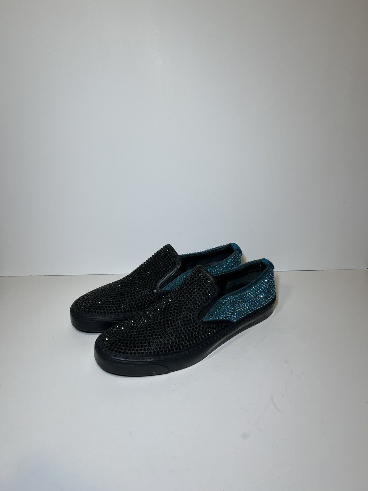 Gucci Gucci satin crystal slip on black/teal sneaker shoes Size US 9 / EU 42 - 1 Thumbnail