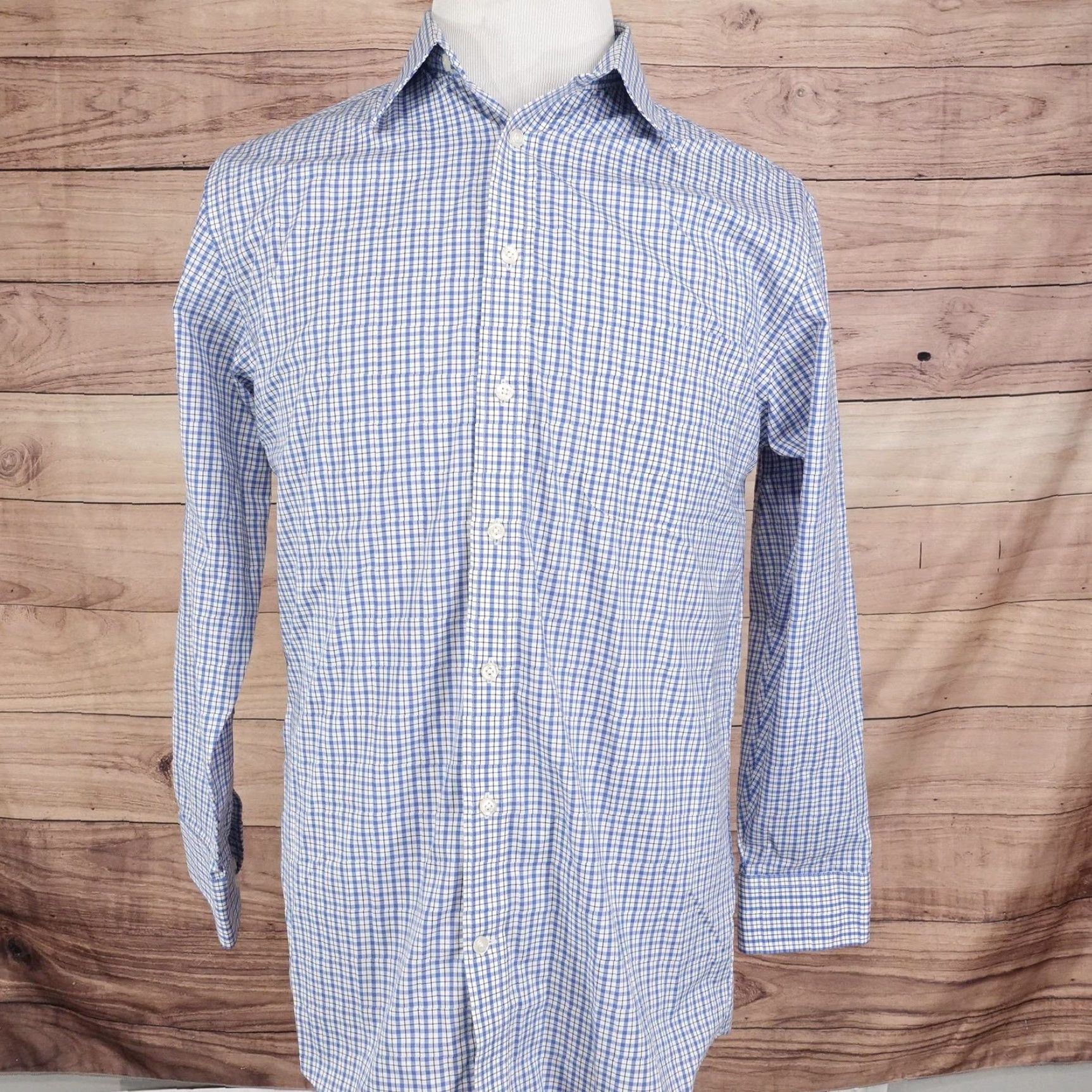 Stafford Stafford Dress Shirt Mens 15.5 32/33 Blue Gingham Travel Performance Regular Fit Shirt Mens Blue Gingham 60% cotton 40% polyester Size 42R - 3 Thumbnail
