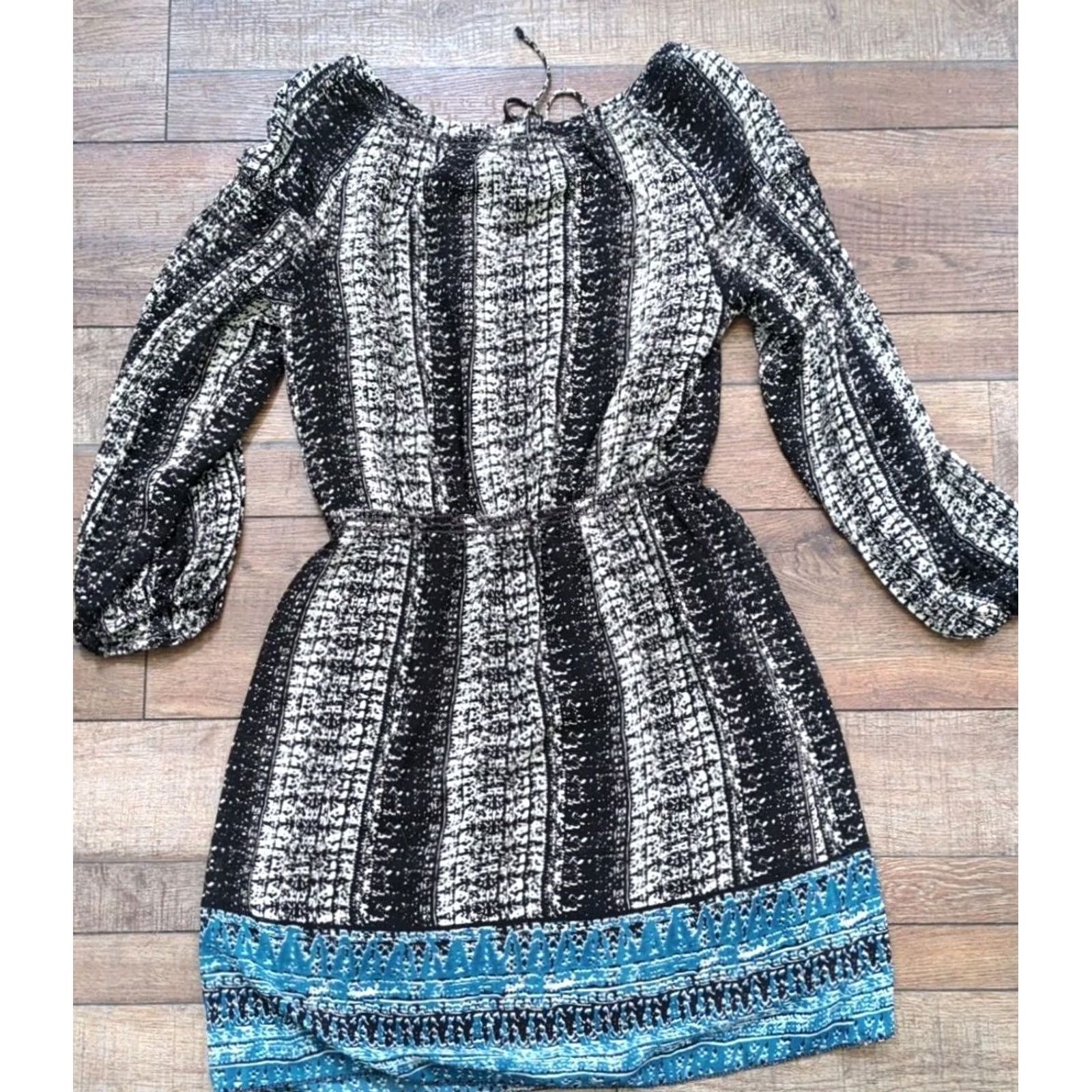 Vintage Max Studio Women Dress Knee Length Tie Balloon Sleeve Smock Tunic Floral Black M Dress Size M / US 6-8 / IT 42-44 - 4 Thumbnail