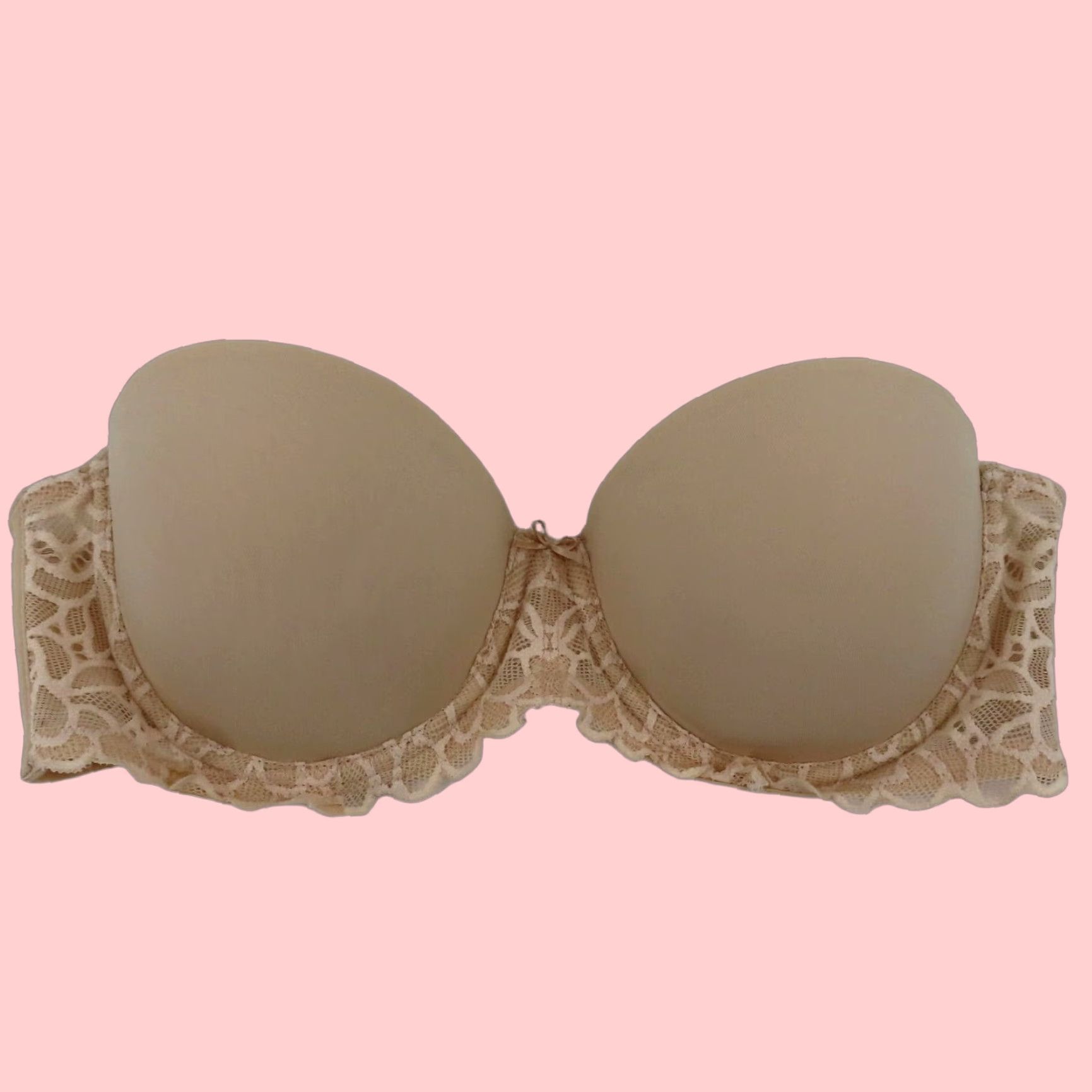 Vintage So Underwire Padded Strapless Bra 36B Solid Beige Lace Bow Womens