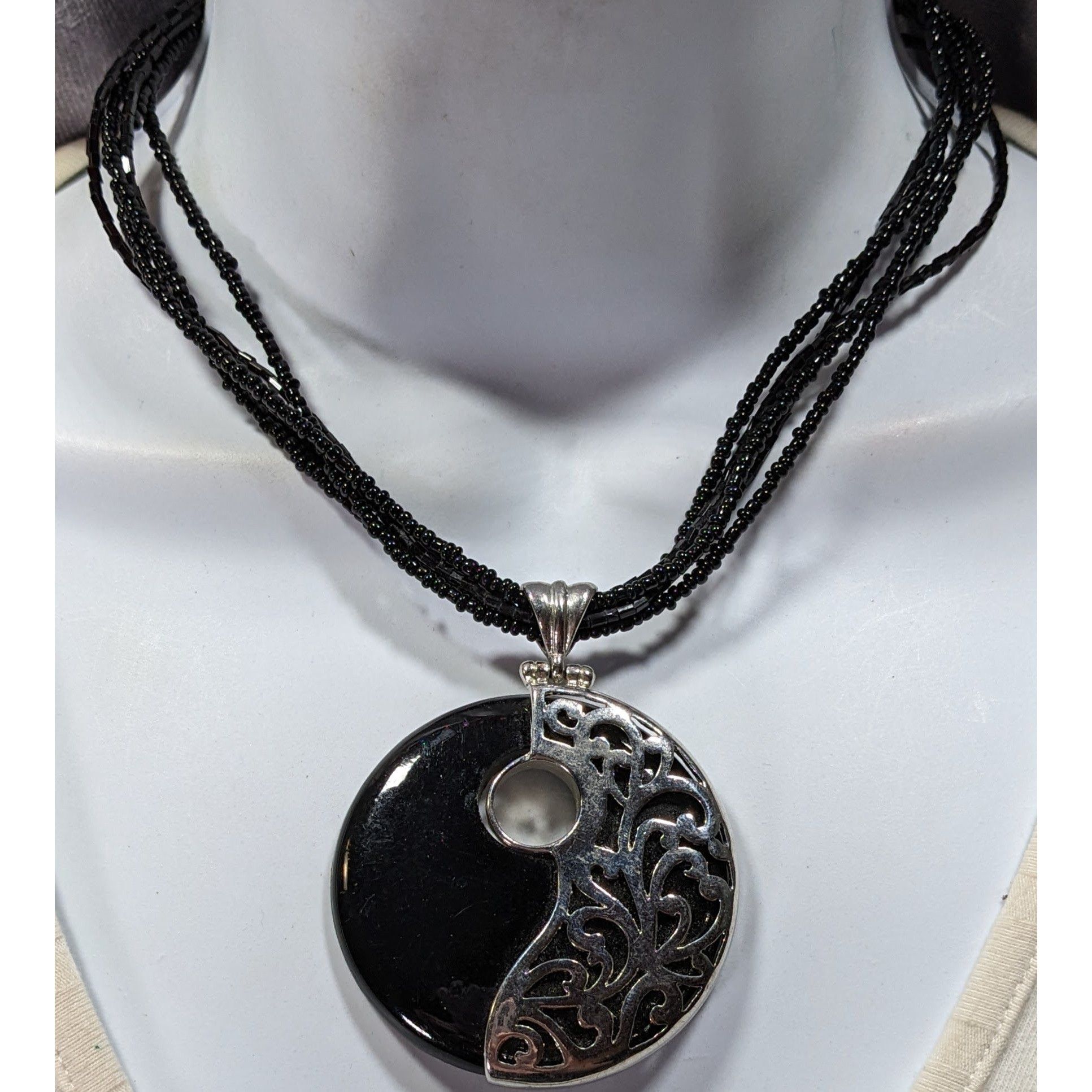 Other Floral Overlay Black And Silver Tone Pendant Necklace With B Size ONE SIZE - 3 Thumbnail