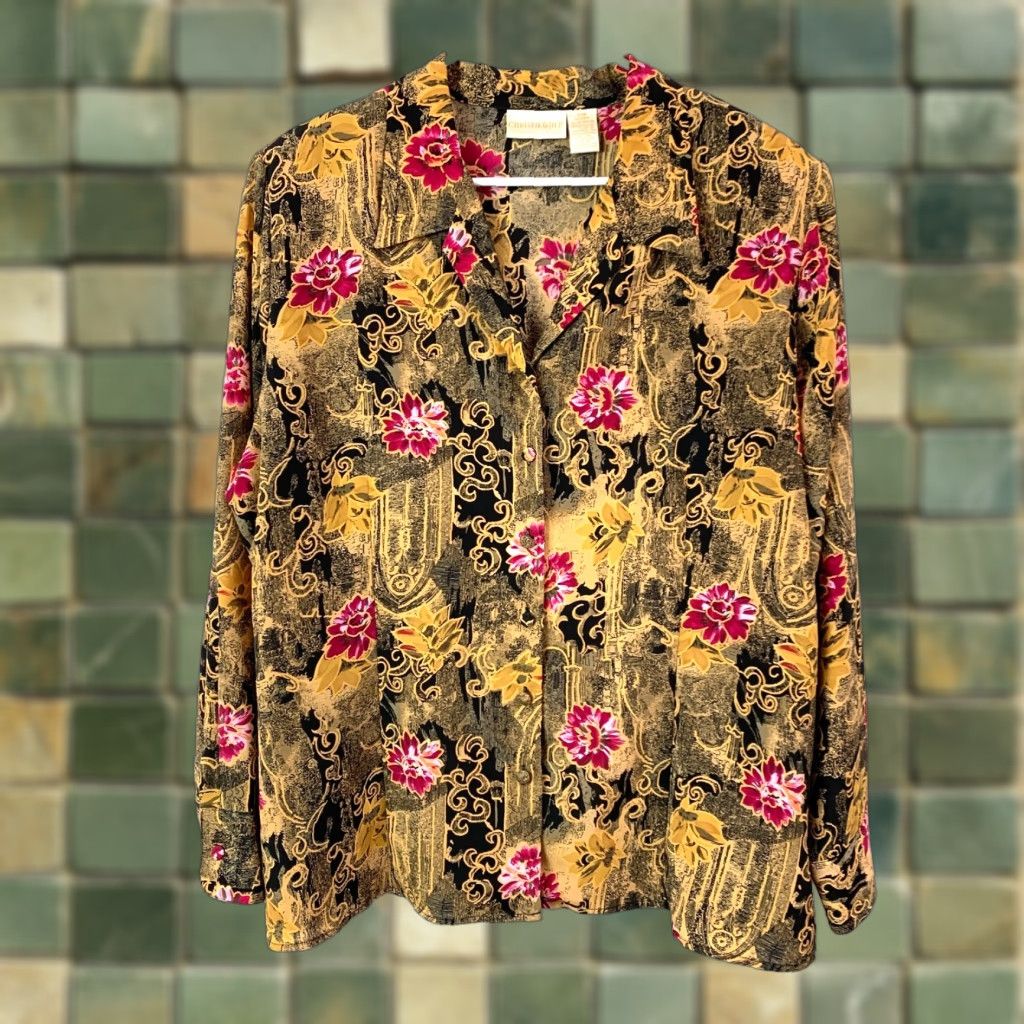 Vintage VINTAGE Christie & Jill Abstract Floral Shirt Blouse Womens 20W Gold Polyester Long Sleeve Collared Plus Size 20W Blouse Womens 20W Size 3XL / US 20-22 - 1 Thumbnail