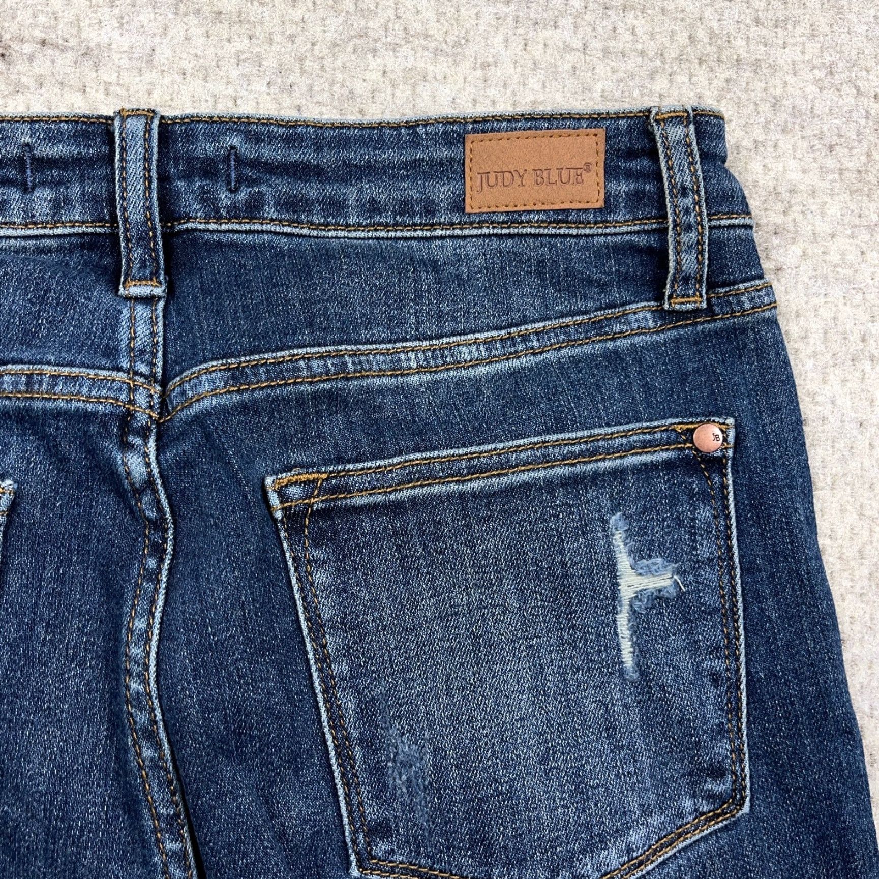 Vintage Judy Blue Jeans Women 29 Straight Leg Fit Dark Wash Distressed Holes Ripped 5-Pocket Denim Cotton Polyester Spandex Rayon Blue Vintage No Size 29" - 6 Thumbnail