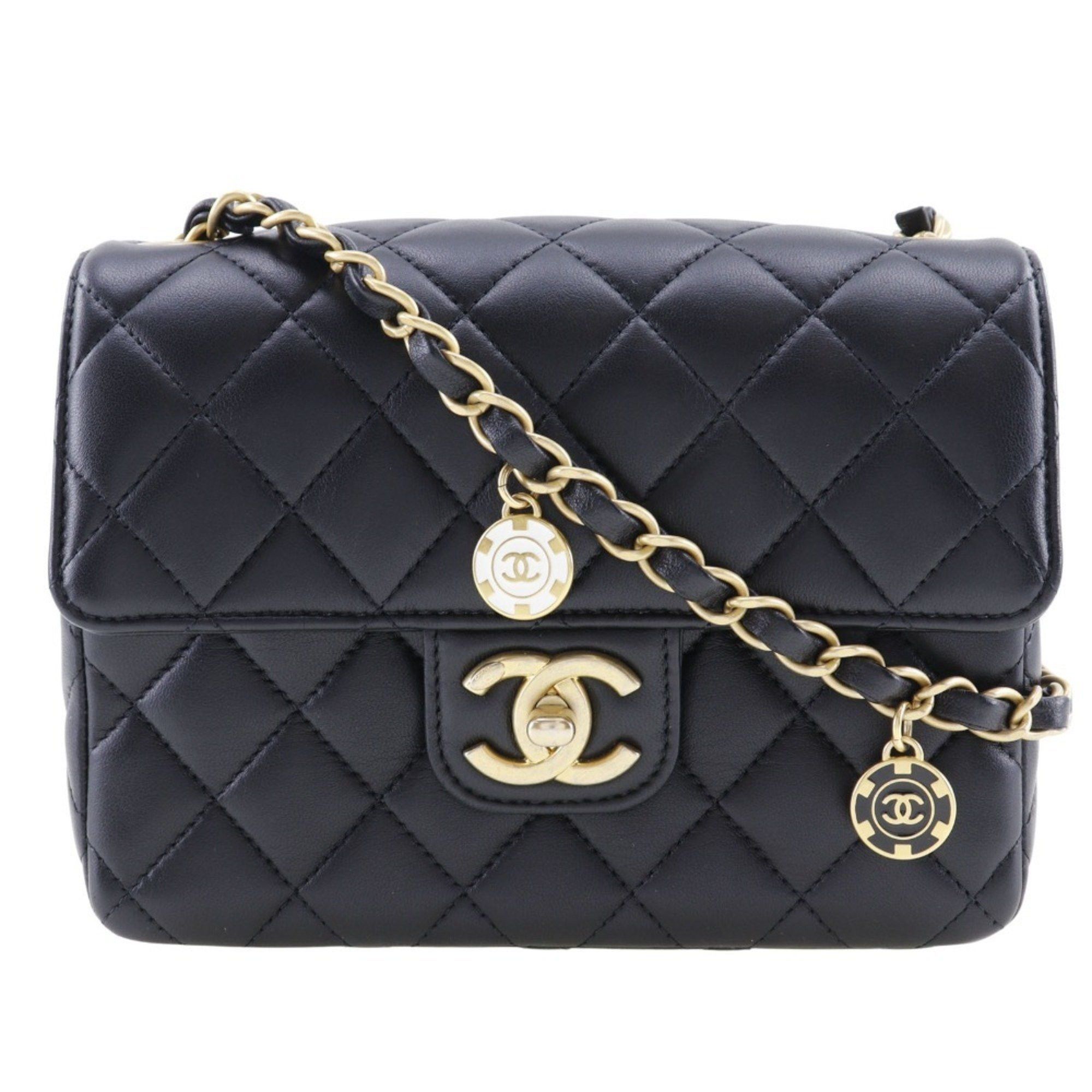 CHANEL Matelasse Shoulder Bag Chain Coco Mark Charm Calfskin Black Turn Lock Women's