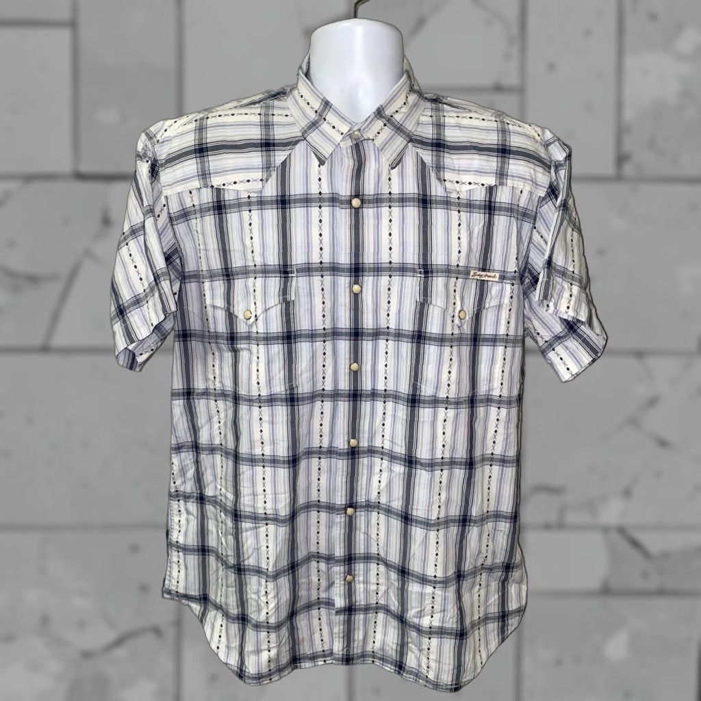 Lucky Brand Lucky Brand Sportswear Shirt XL Blue/Gray Plaid Snap Button Short Sleeve Men Regular Button-Up Size US XL / EU 56 / 4 - 1 Thumbnail