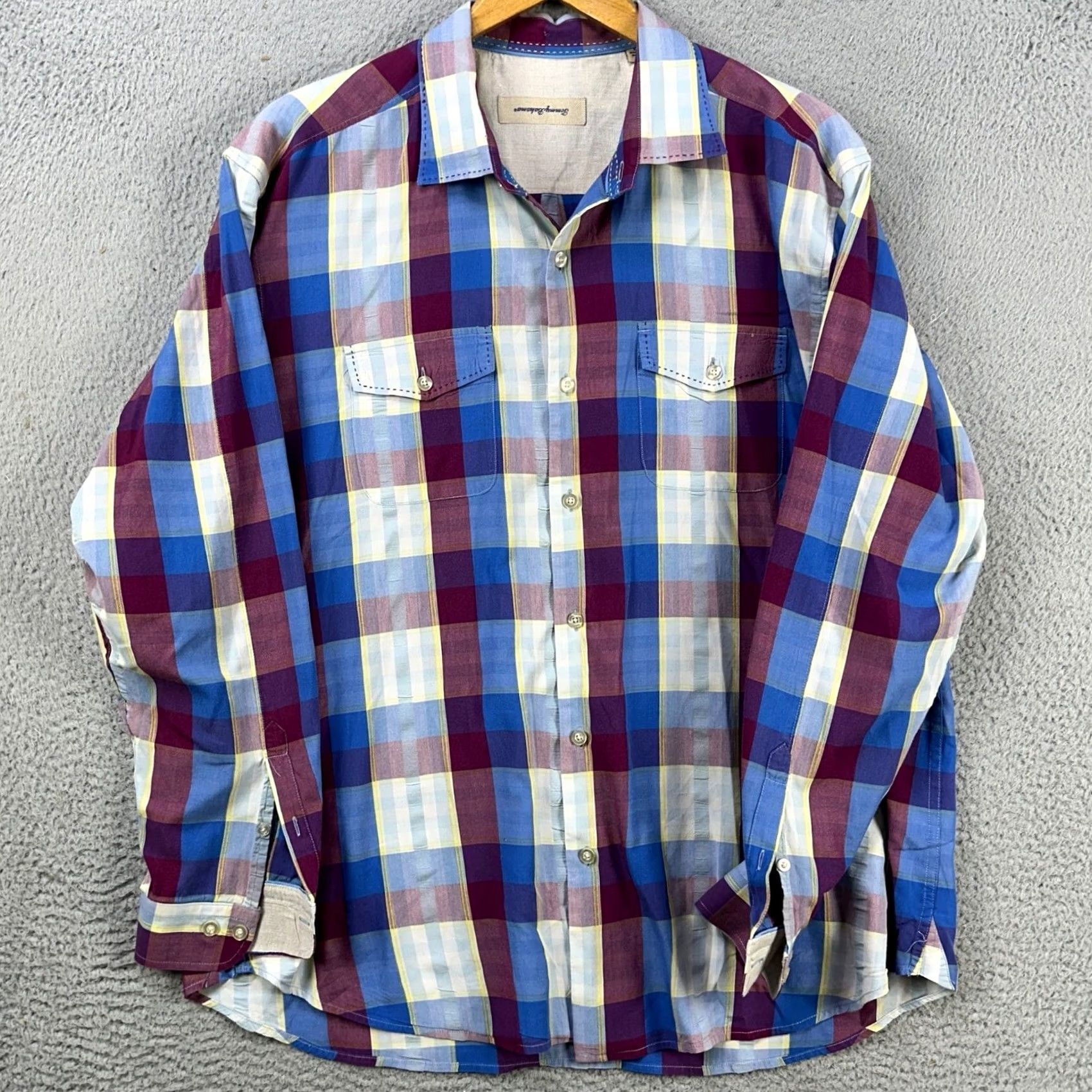 Tommy Bahama VINTAGE Tommy Bahama Silk Blend Shirt Button Up Mens XL Blue Maroon Plaid Flap Pocket Size US XL / EU 56 / 4 - 2 Thumbnail