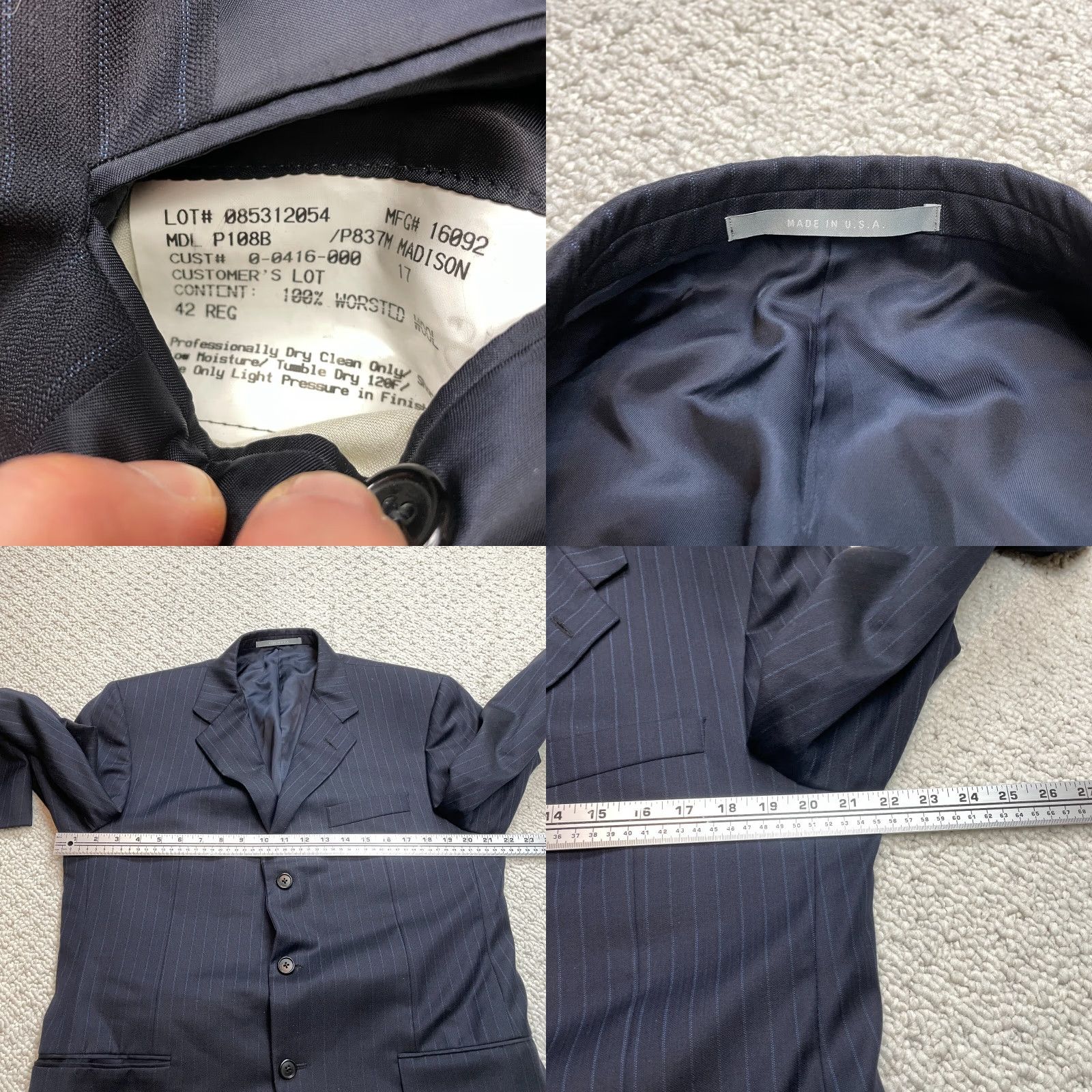 Vintage Hickey Freeman Barneys New York Suit Jacket Mens 42 Regular Nacy Blue Striped - Single-Breasted, Notch Lapel, 2 Piece, Wool Size 42R - 8 Thumbnail