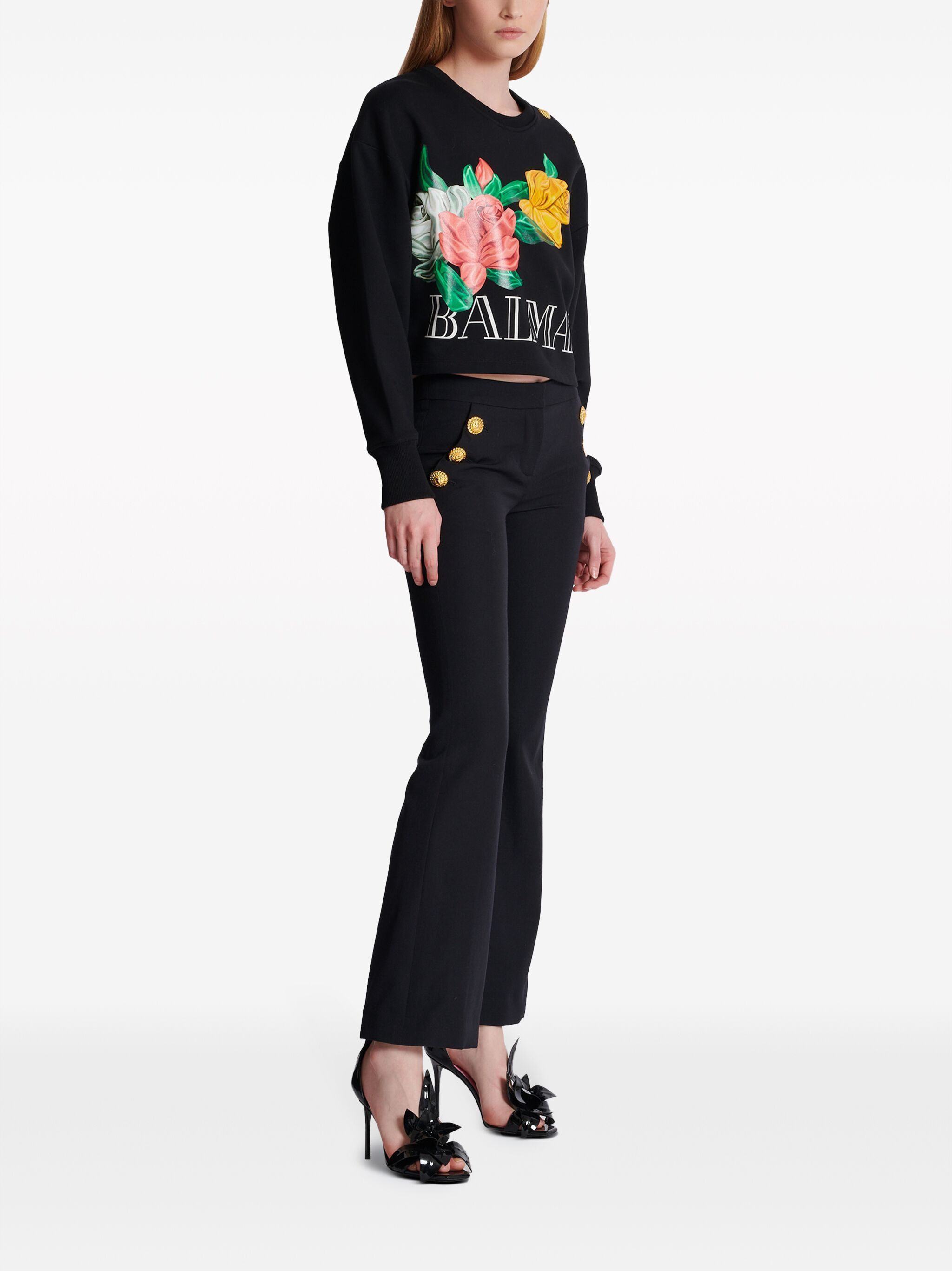 Balmain o1s1wg110125 Rose-Print Cropped Sweatshirt in Black Size M / US 6-8 / IT 42-44 - 3 Thumbnail