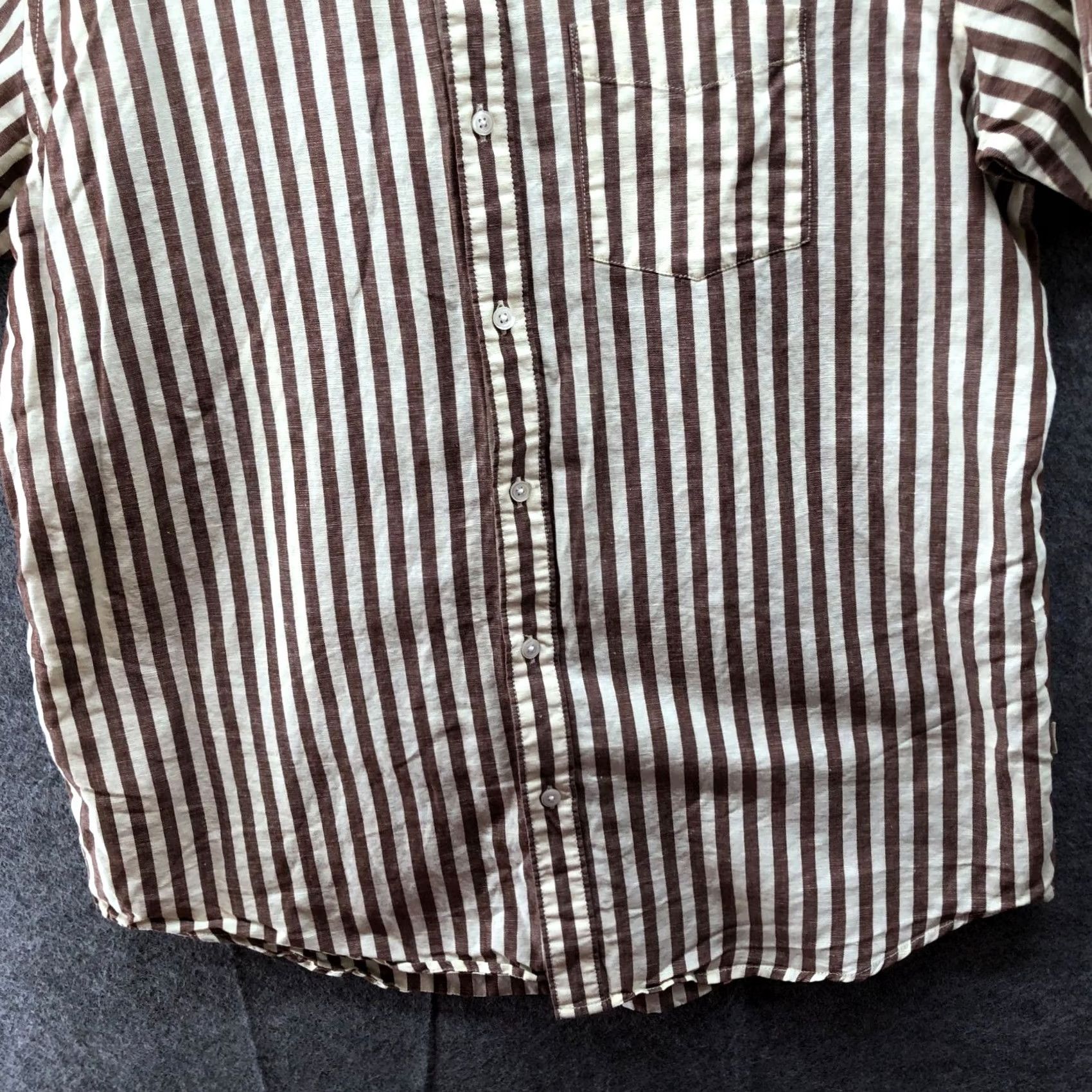 Vintage Red Flame Shirt Mens 2XL Tan White Striped Short Sleeve Button Up Linen Cotton Shirt Mens 2XL Tan White Striped Button-Up Size US XXL / EU 58 / 5 - 4 Thumbnail