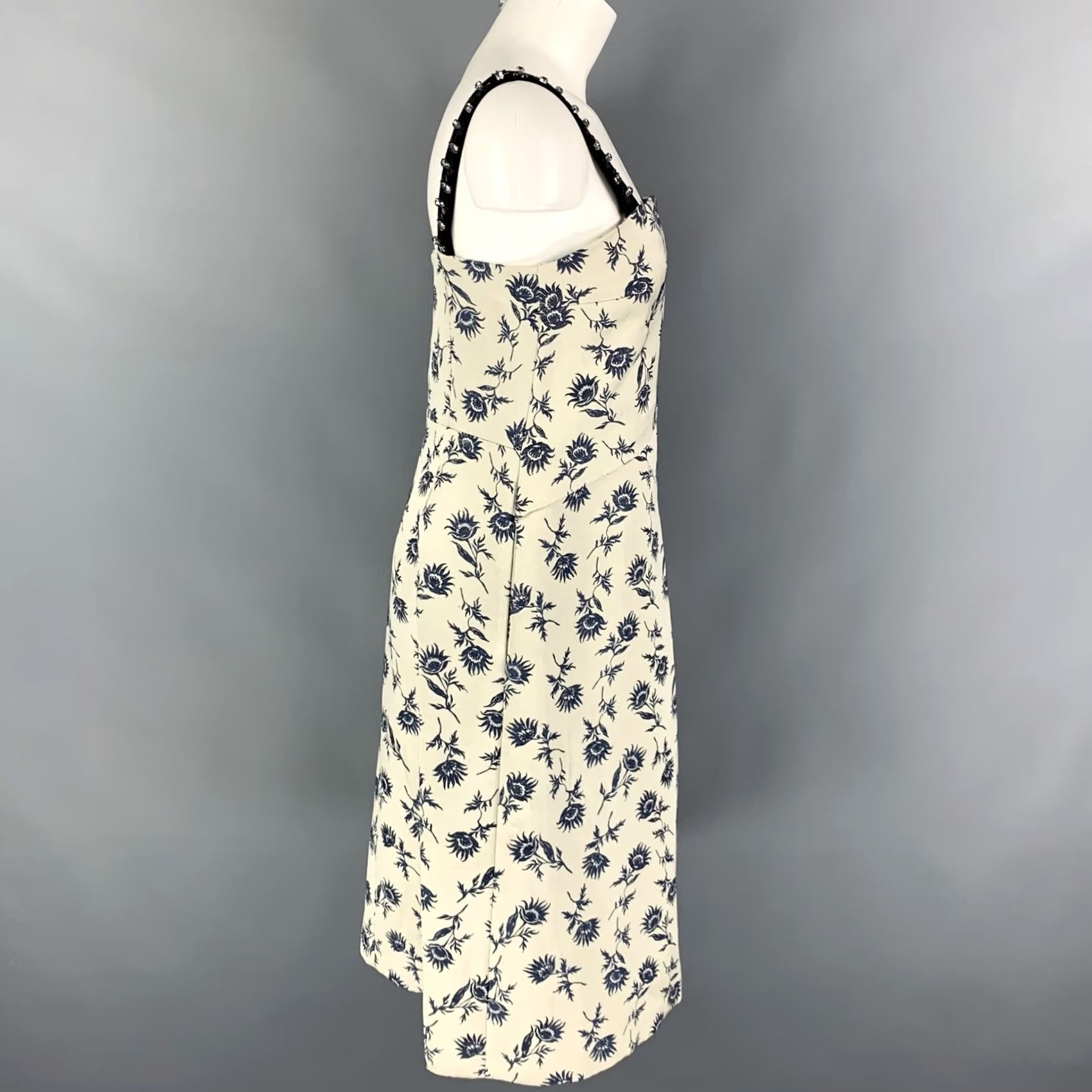 Tory Burch TORY BURCH Dress Grey Blue Floral A-Line Mid-Calf Linen Polyester Jacquard 8 Women Size M / US 6-8 / IT 42-44 - 3 Thumbnail