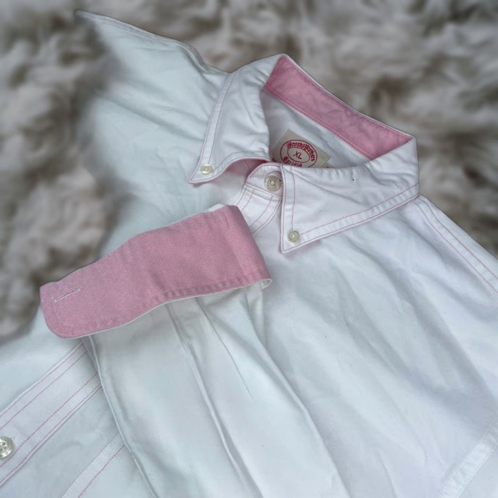 Brooks Brothers Shirt Button-Up XL Button-Front White Pink Flip Cuff 100% Cotton Long Sleeve Men's