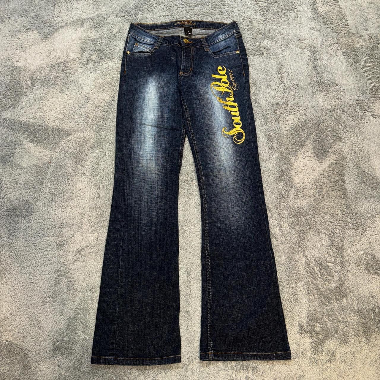 image of Southpole x Vintage South Pole Graphic Big Logo Y2K Flared Jeans in Blue/Gold, Women's (Size 26)