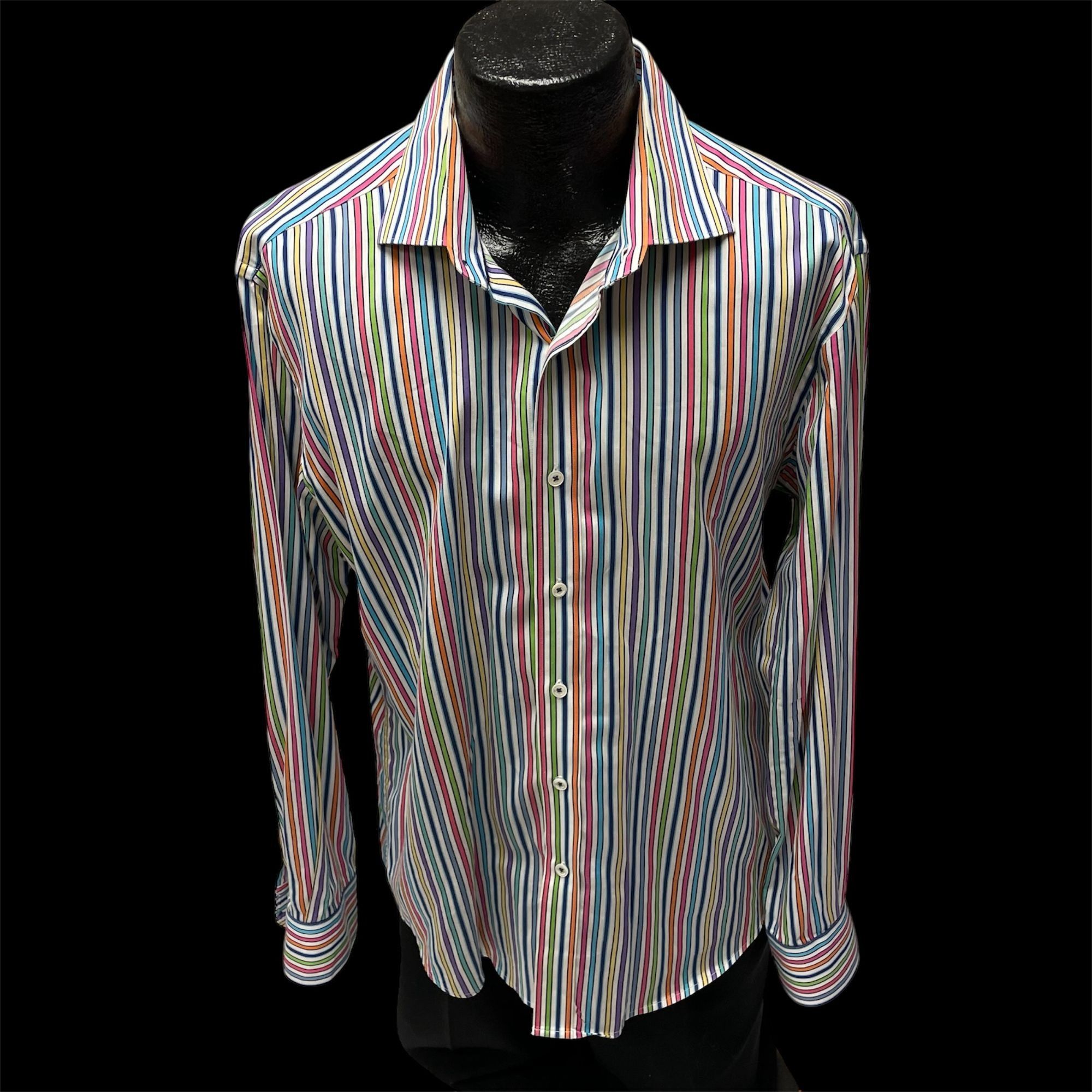 BUGATCHI Bugatchi Bold RAINBOW STRIPE Button Up Spread Collar Shirt Size US L / EU 52-54 / 3 - 2 Thumbnail