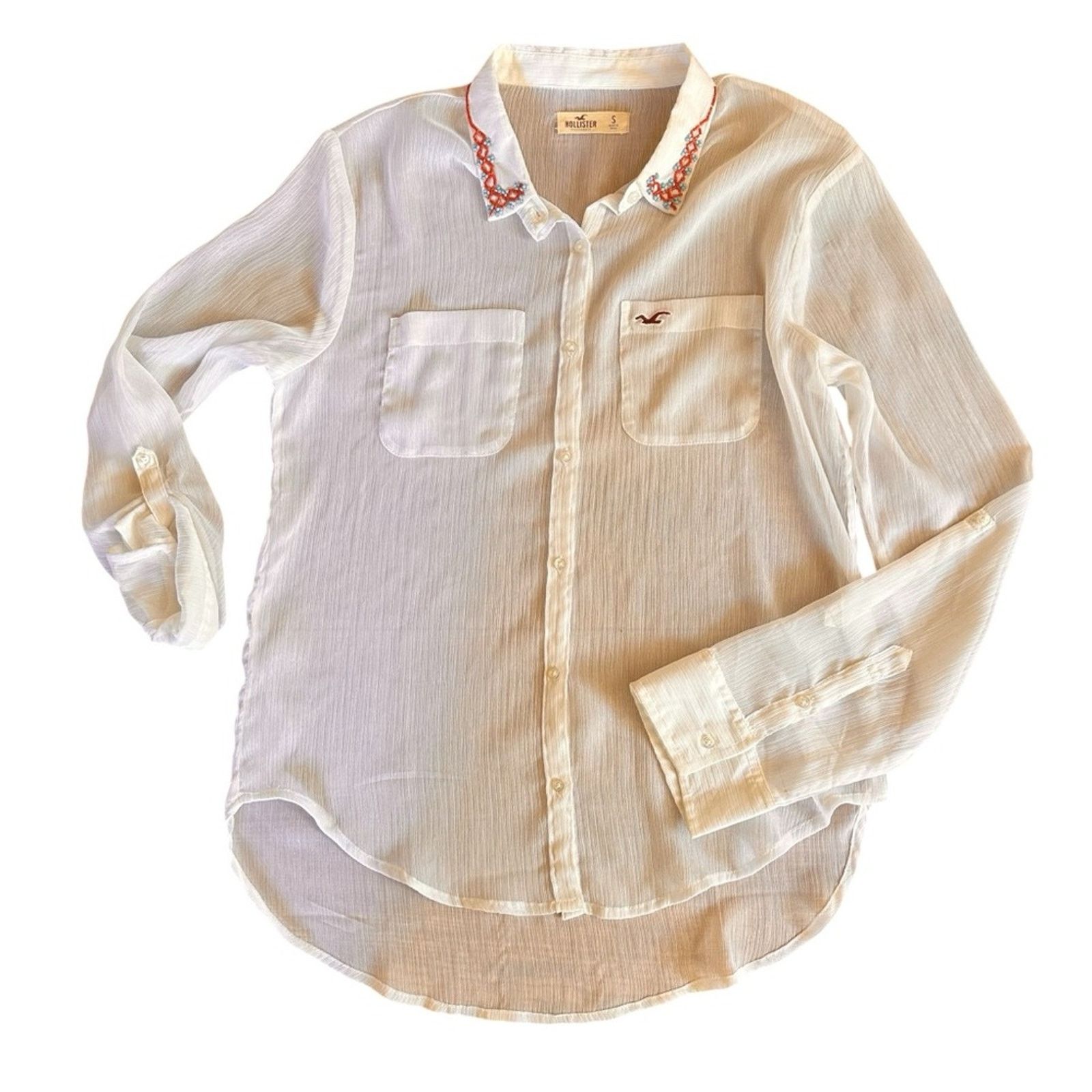 Hollister Hollister Sheer Beaded Collar Blouse – White – Size S – GUC Size S / US 4 / IT 40 - 1 Thumbnail