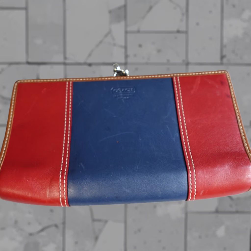 Coach Coach Womens Leather Clutch Colorblock Kisslock Wallet Blue Brown Red Leather Small XS? Size ONE SIZE - 1 Thumbnail