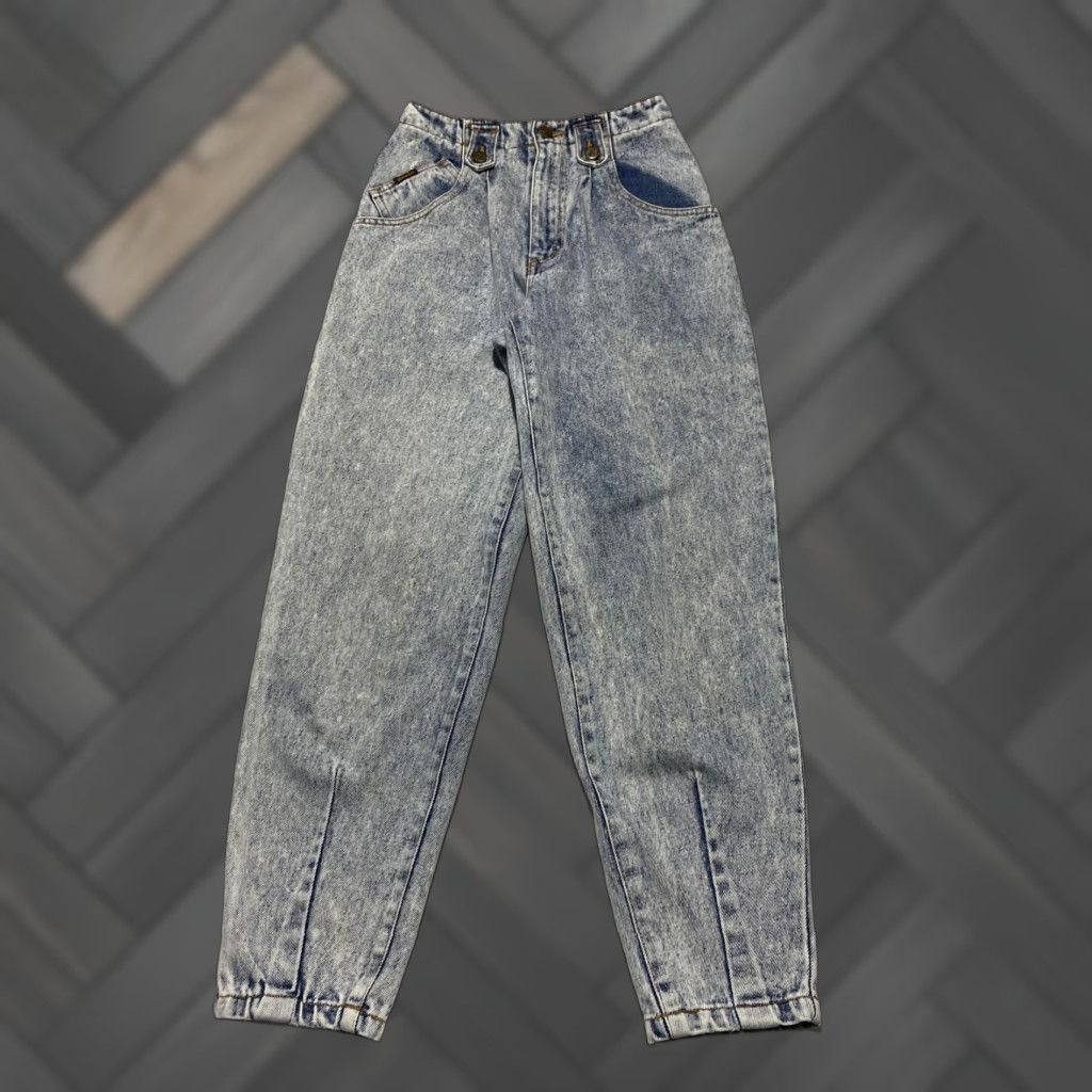 VINTAGE Squeeze Jeans Juniors 5 Blue Acid Wash High Waist Tapered Leg 90s Womens/Teens