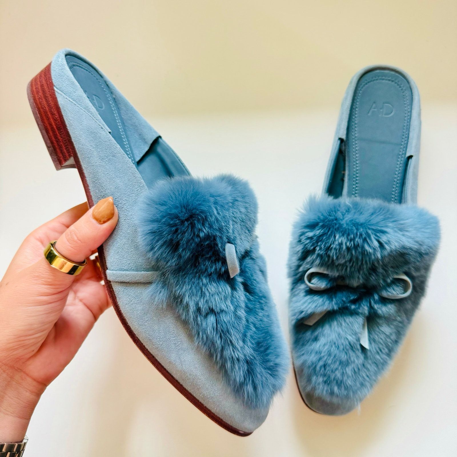 AD Blue Grey Rabbit Fur Flats Toe Bow Slides Mules Shoes 7.5