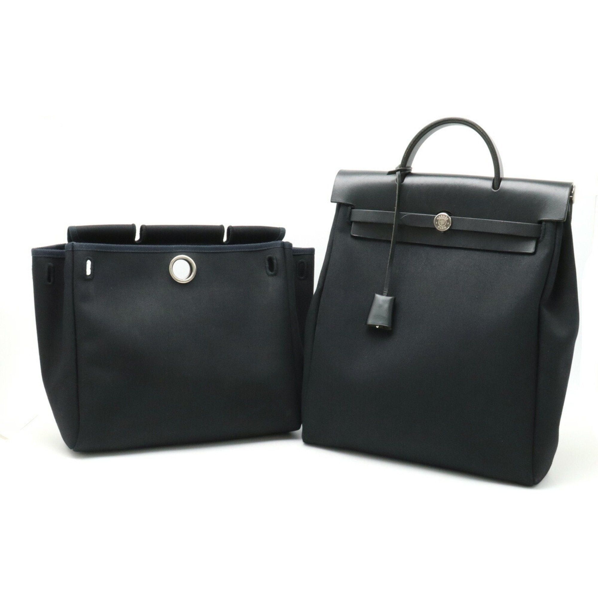 image of Hermes Airbag Ad Pm Rucksack Backpack Handbag Toile Officier Leather Black F Stamp, Women's