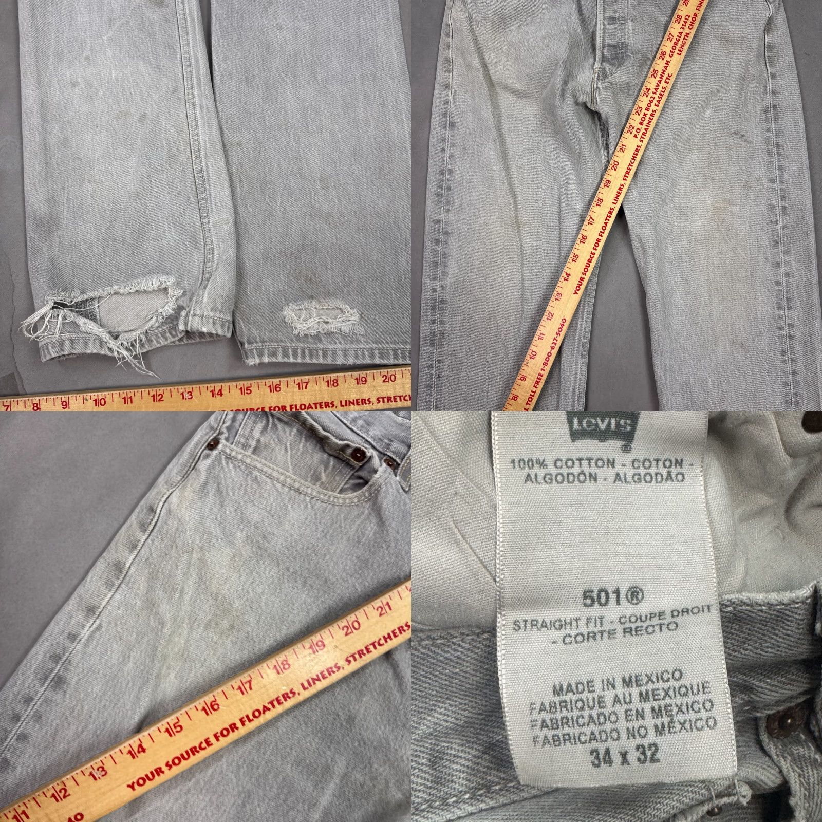 Levi's Levi's 501 Jeans Mens Gray Button Fly Distressed Thrashed 32x29 Straight Denim Pants Size US 34 / EU 50 - 8 Thumbnail