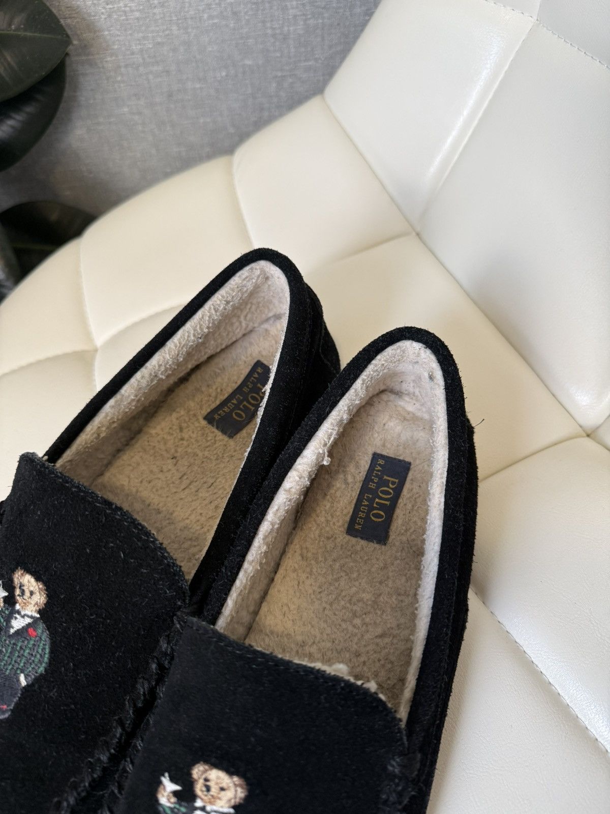 Polo Ralph Lauren Polo Bear Moccasin Slippers Mens Black Suede Shearling Shoes Size US 12 / EU 45 - 19 Thumbnail