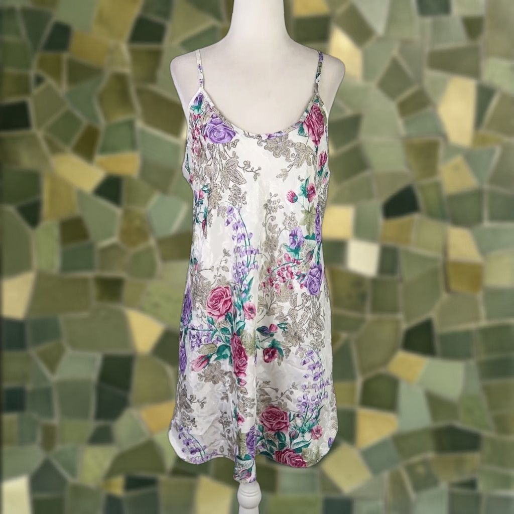 Vintage VINTAGE 80s California Dynasty Cream Floral Satin Slip Dress Nighty L Women Slim Bias Cut Satin Polyester Floral 80s Size L / US 10 / IT 46 - 1 Thumbnail