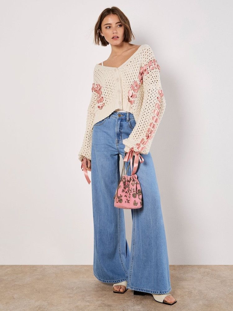 Handmade Handmade Knit Rose Ribbons Crop Cardigan Women's Plus 1X Size XL / US 12-14 / IT 48-50 - 7 Thumbnail