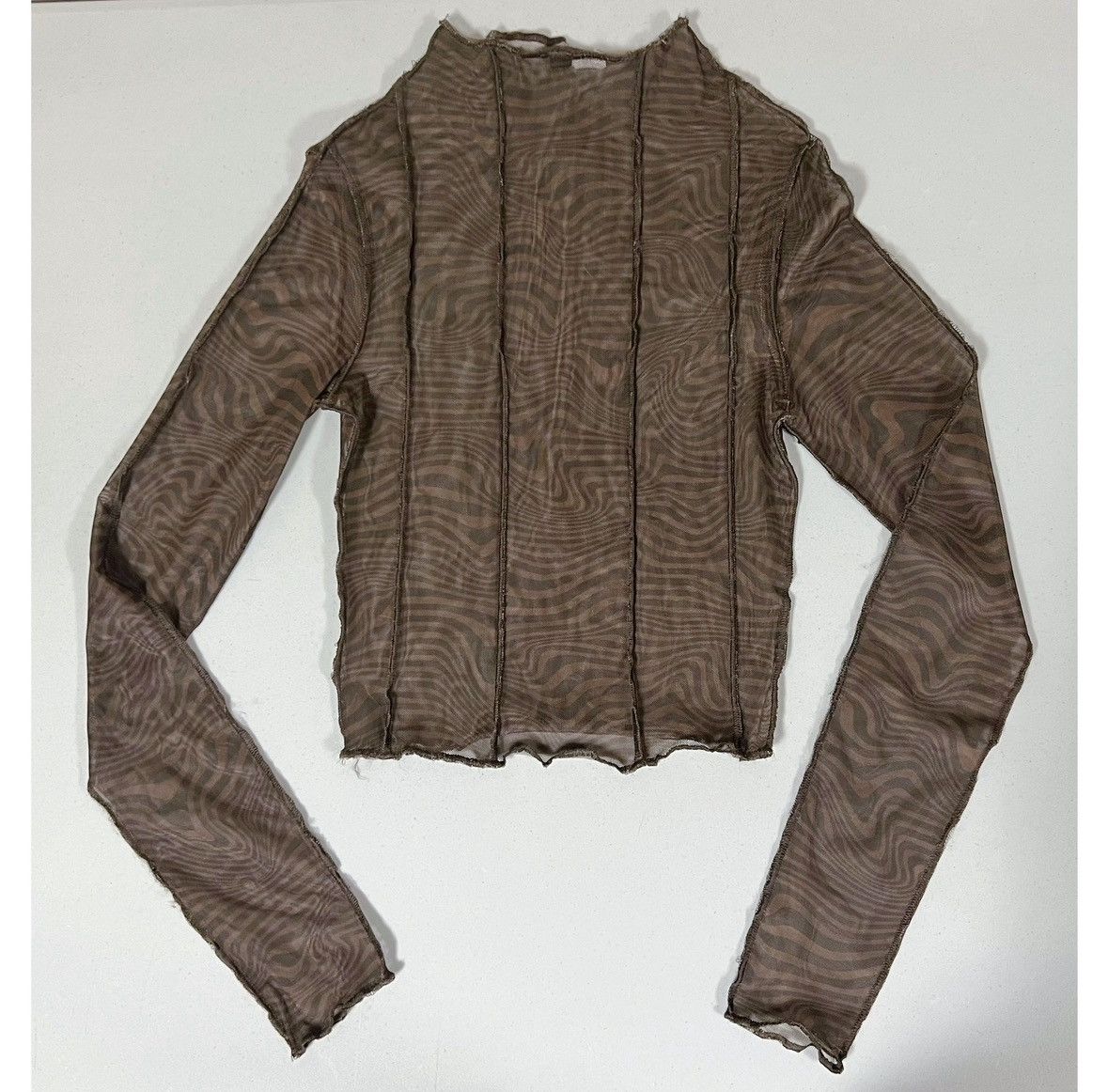 Japanese Brand Brown Groovy Abstract Mesh Mock-Neck Shirt Top Blouse XS 🤎✨ Size XS / US 0-2 / IT 36-38 - 1 Thumbnail