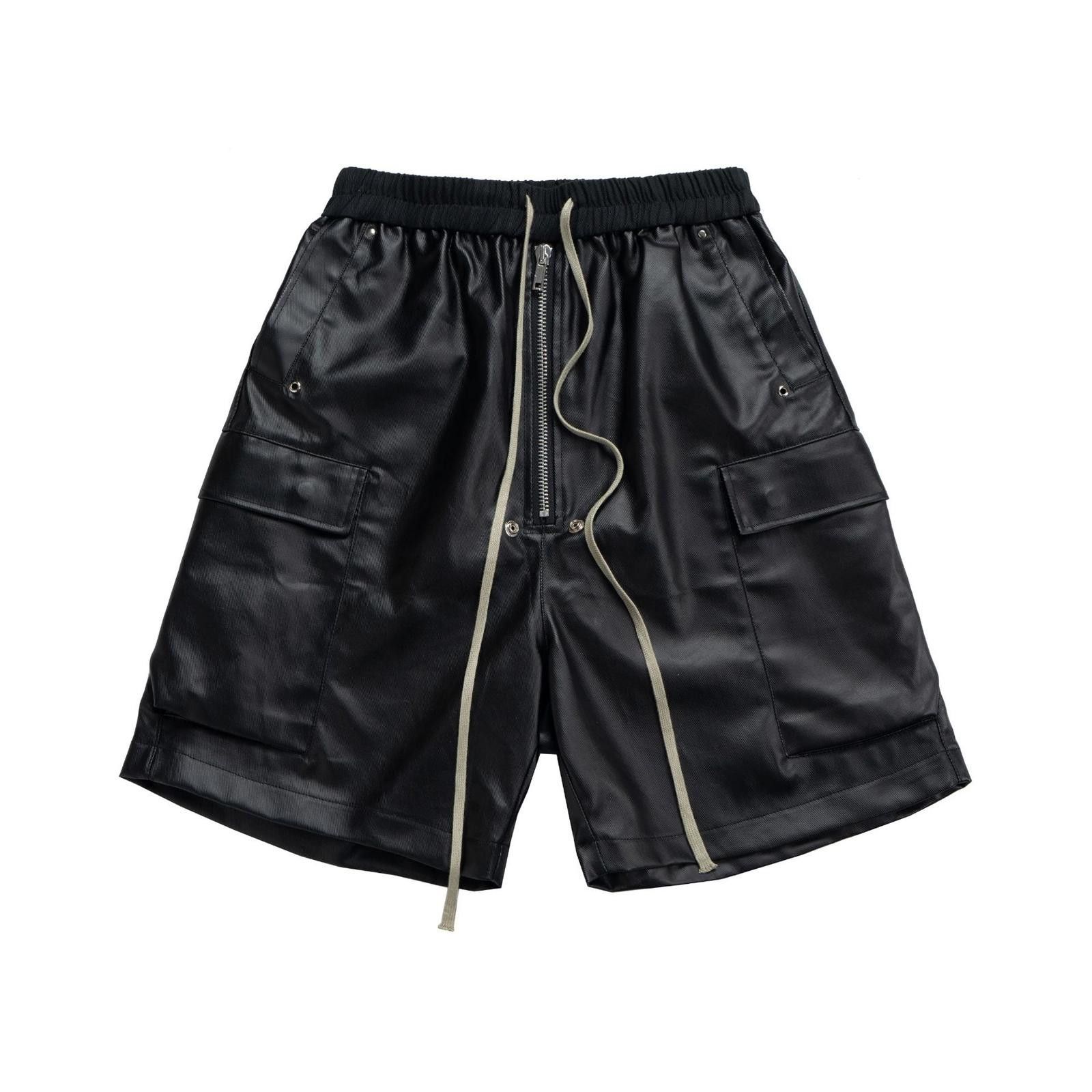 Japanese Brand Black Faux Leather Cargo Shorts with Zipper Detail Size US 32 / EU 48 - 2 Thumbnail
