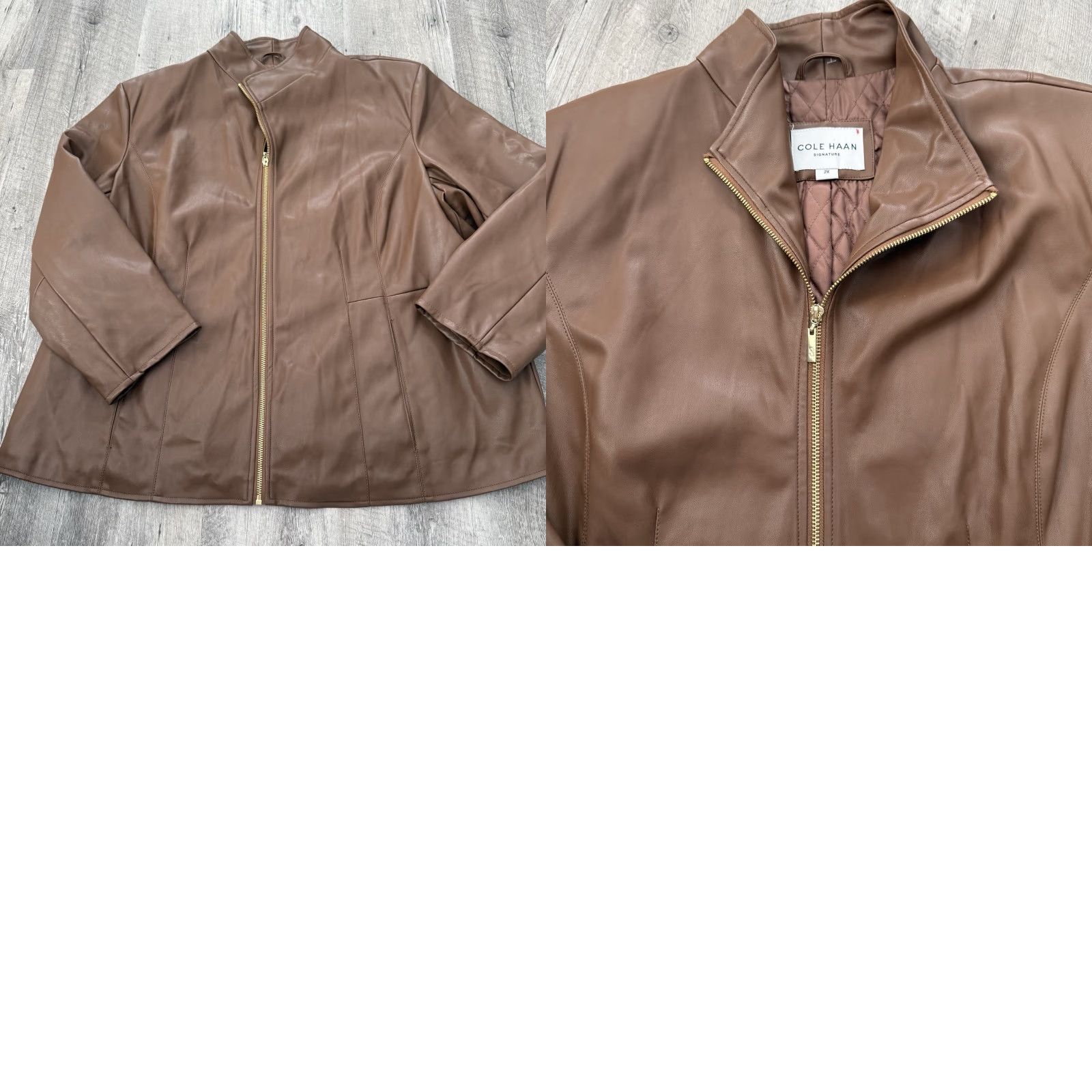 Cole Haan VINTAGE Cole Haan Vegan Leather Jacket Womens Plus 2X Wing Collar Gold Zip Brown Modern Classic 90s? Size XXL / US 16-18 / IT 52-54 - 8 Thumbnail