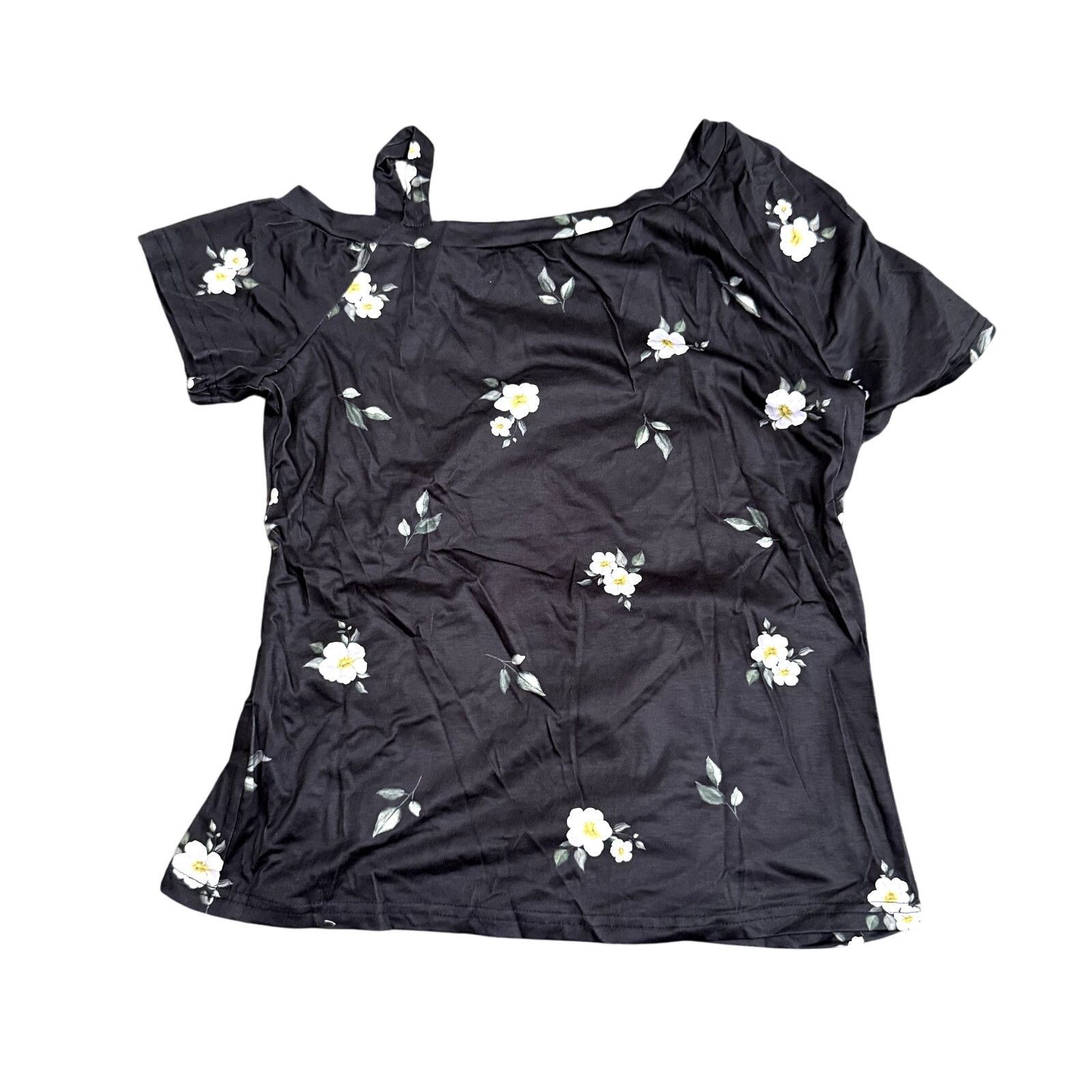 Shein Women's Floral Ruched Asymmetrical Fitted Top Black, Size L Size L / US 10 / IT 46 - 2 Thumbnail