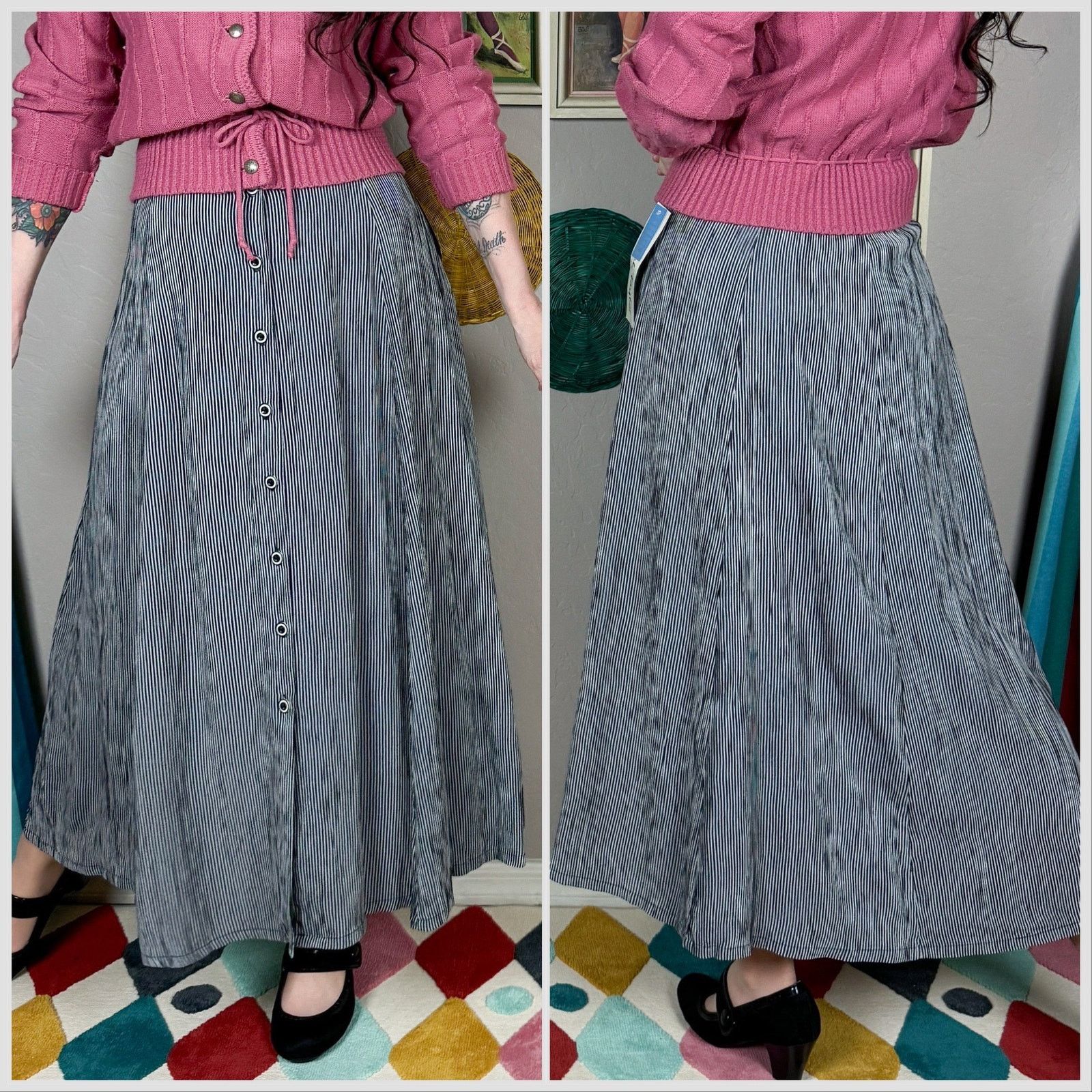 Vintage 1980s Black & Grey Striped Button Front High Waisted Skirt Size 30" / US 8 / IT 44 - 3 Thumbnail