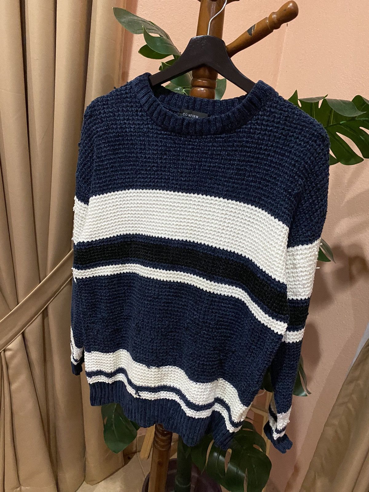 Japanese Brand Confirm Striped Knit Sweater | Cozy Navy and White Pullover Size L / US 10 / IT 46 - 2 Thumbnail