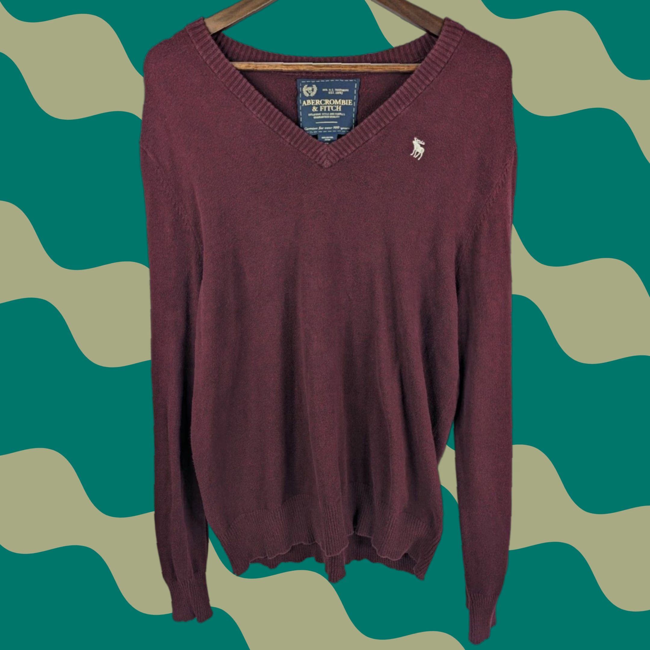 Abercrombie & Fitch Abercrombie & Fitch Sweater Pullover V-Neck Long Sleeve Men's XL 100% Cotton Burgundy Red Knit Classic All Seasons Size US XL / EU 56 / 4 - 1 Thumbnail