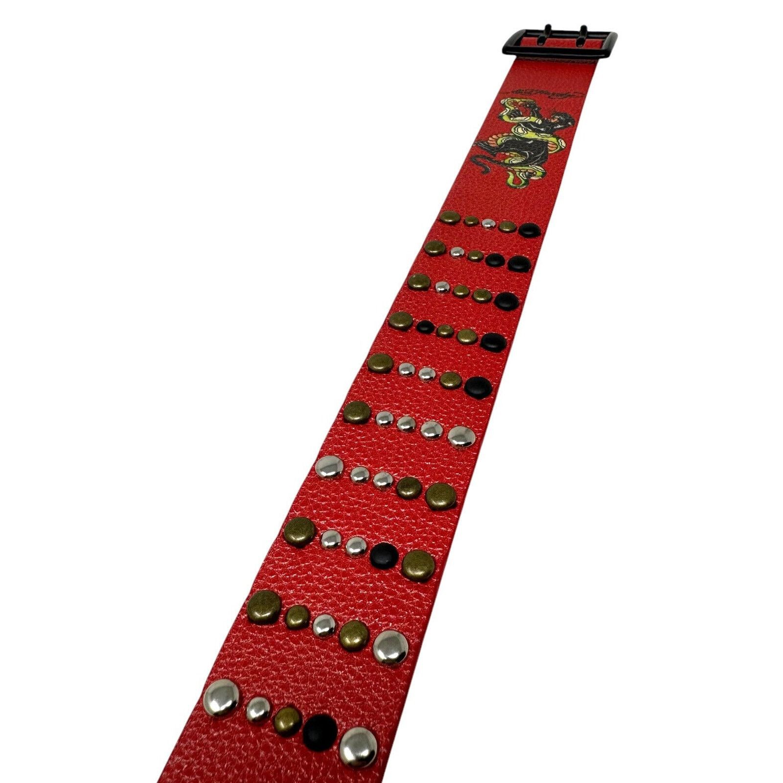 Ed Hardy Ed Hardy Men's Panther Print Red Belt With Rivet Studs Size 38 - 5 Thumbnail