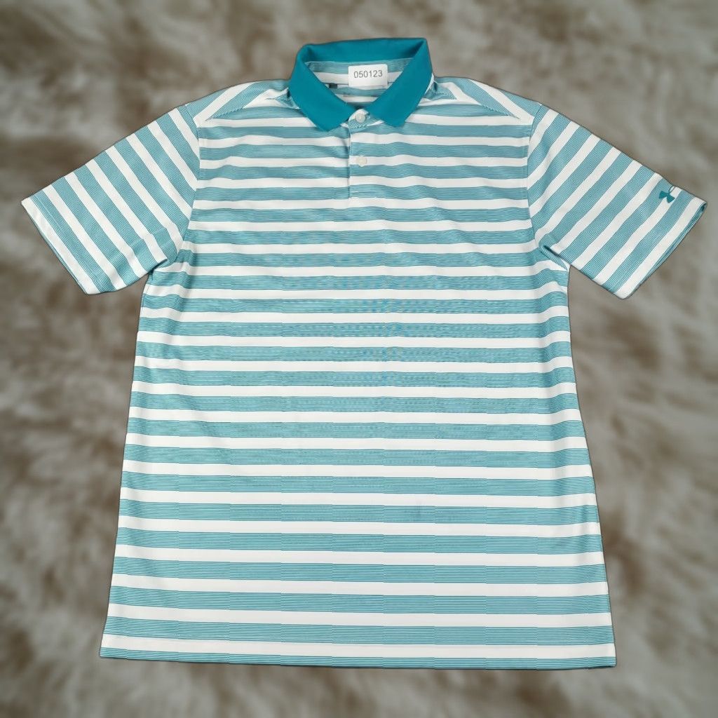 Under Armour Under Armour Polo Shirt Mens M Blue White Striped Short Sleeve Polo Shirt Mens Blue Striped 100% Polyester Regular Casual Sports Logo Front Mens Size US M / EU 48-50 / 2 - 1 Thumbnail