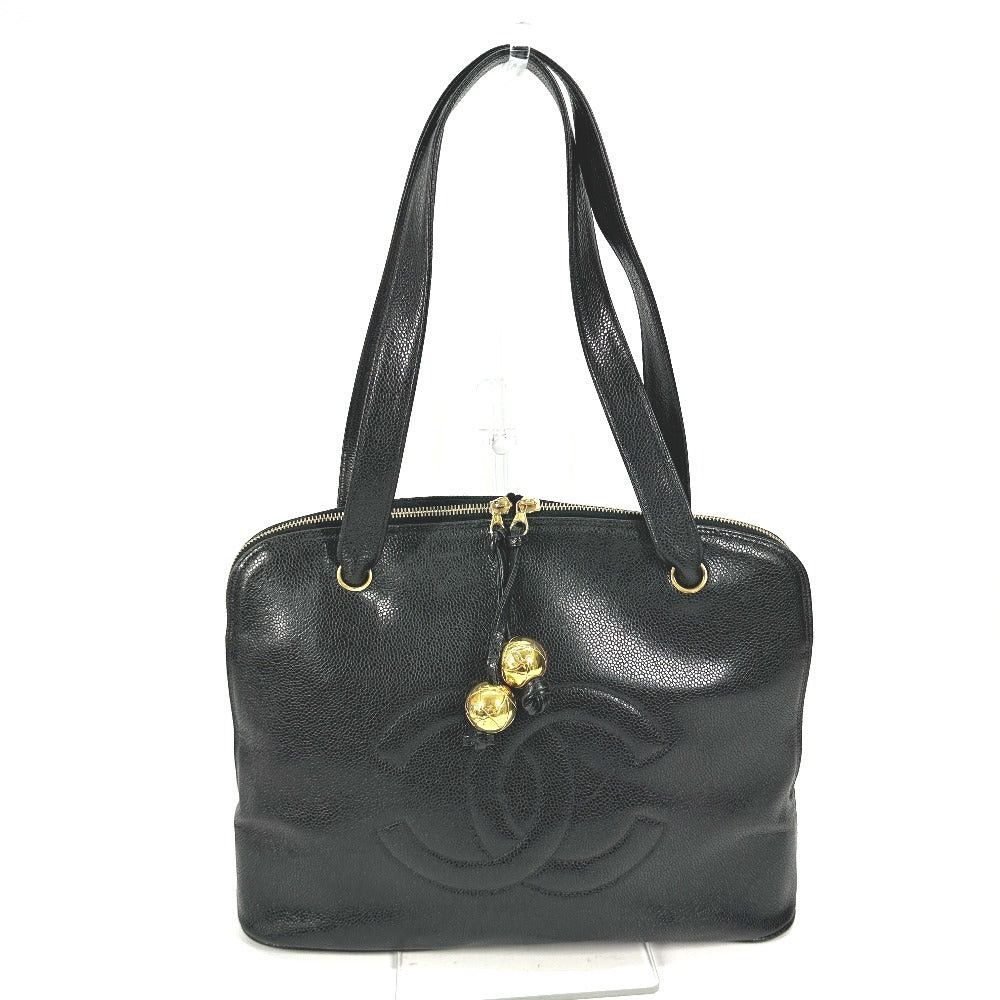 Chanel Cc Coma Mark Decacco Coco Ball Logo Shawl Tote Bag Shoulder Caviar Skin Women Black