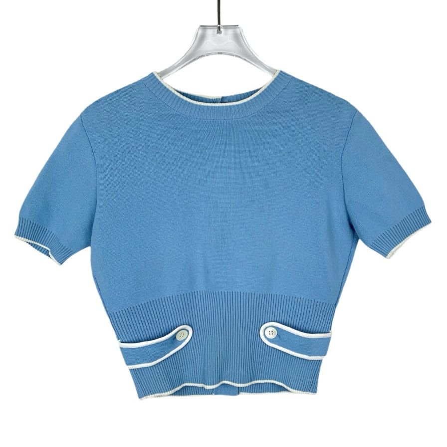 Miu Miu Miu Miu Blue Round Neck Short Sleeve Knit (Size 38) Size XS / US 0-2 / IT 36-38 - 8 Thumbnail