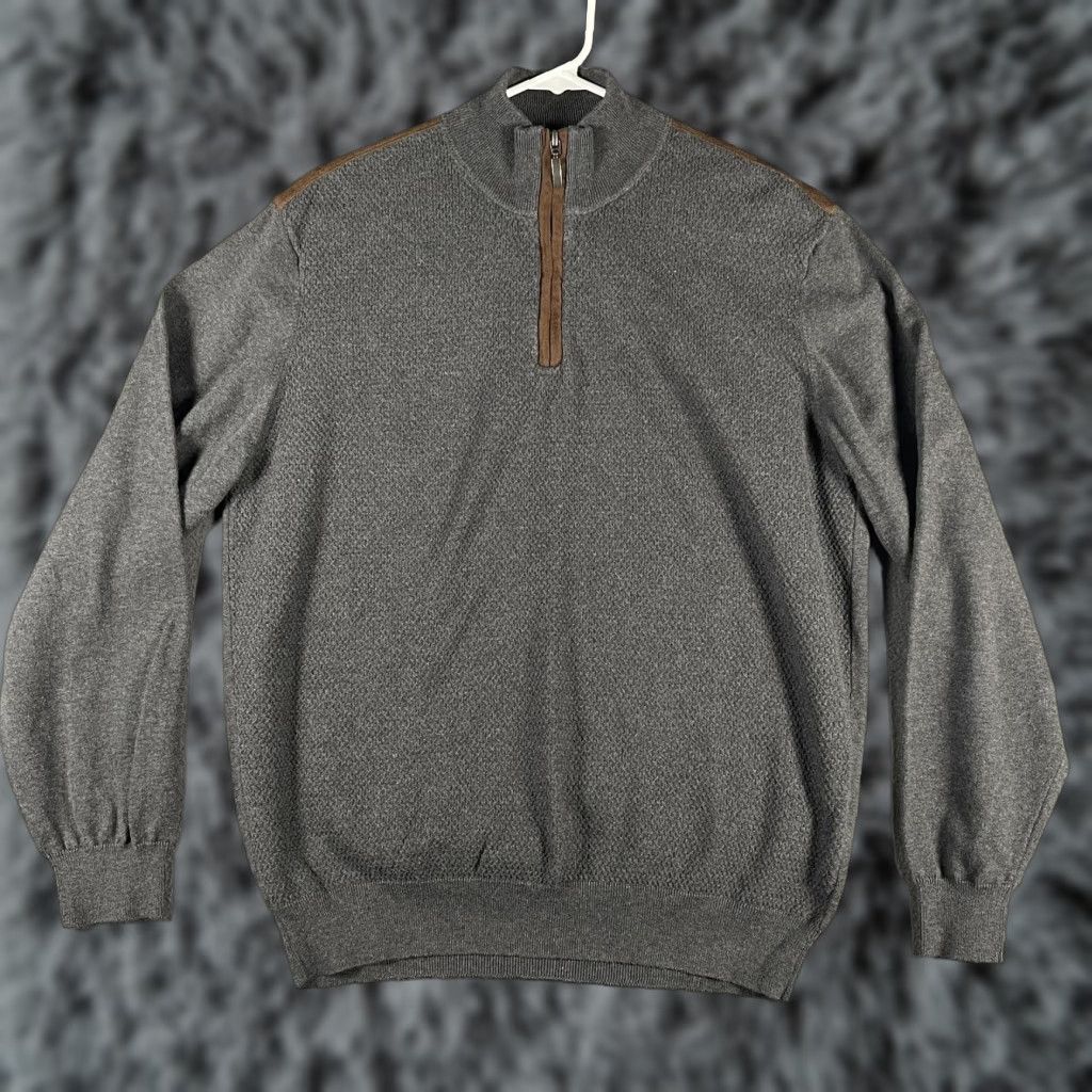 Vintage Alan Flusser Sweater Mens Large Gray Quarter Zip Pullover Brown Trim Cotton Sweatshirt Cardigan Beige Knit Size US M / EU 48-50 / 2 - 1 Thumbnail