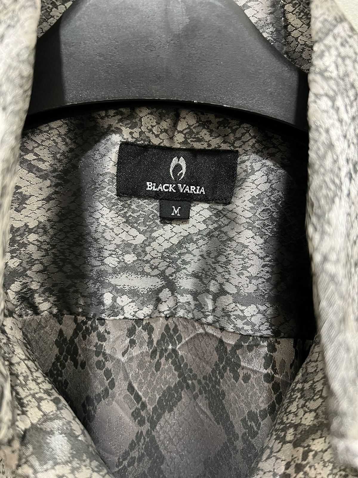 Black varia sateen phyton pattern button up shirt