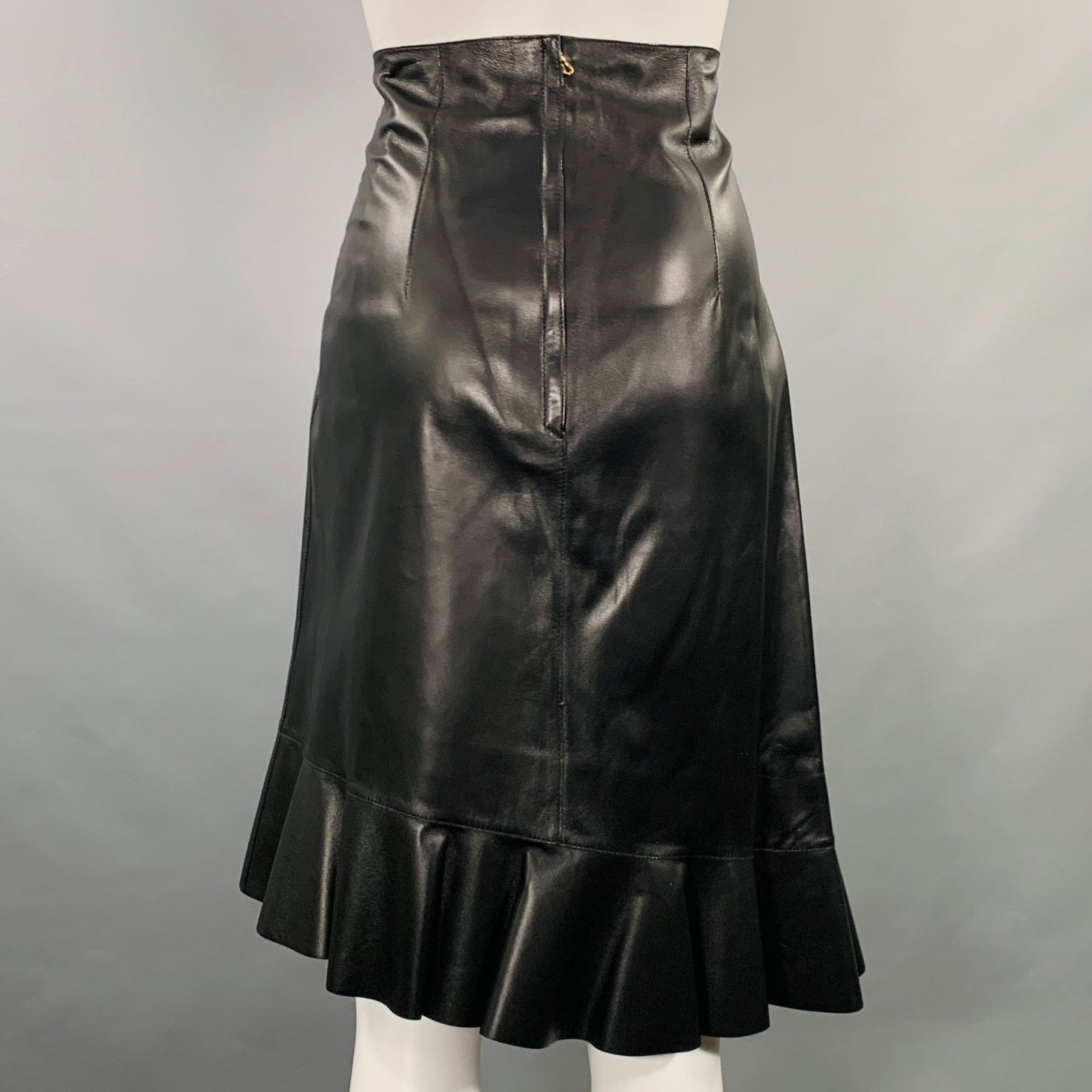 Lanvin Black Leather Ruffled Lambskin Tulip Knee Length Skirt Size 30" / US 8 / IT 44 - 2 Thumbnail