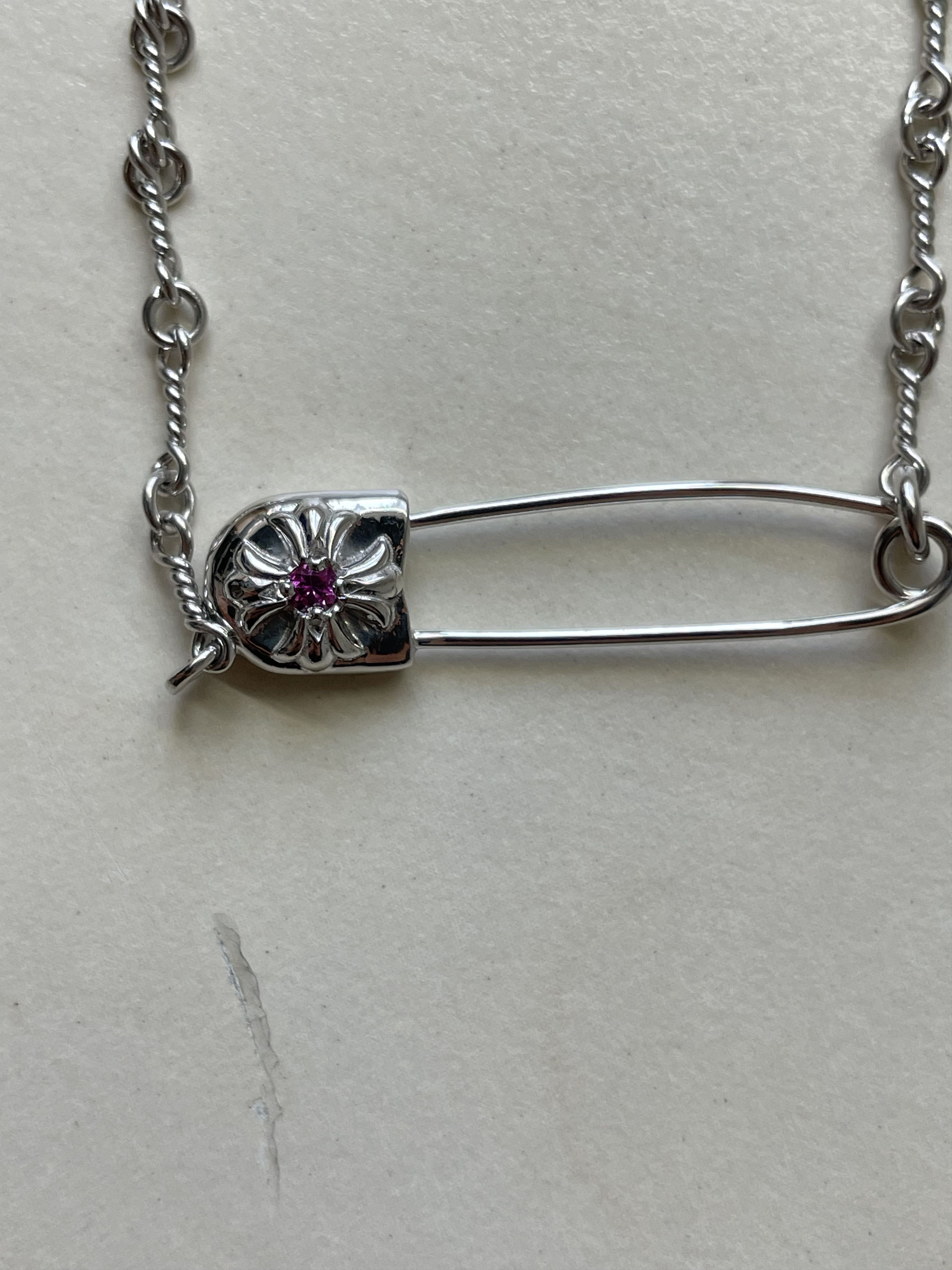 Chrome Hearts Chrome Heart 18K Pink Saph Charm Safty Pin Necklace Size ONE SIZE - 6 Thumbnail