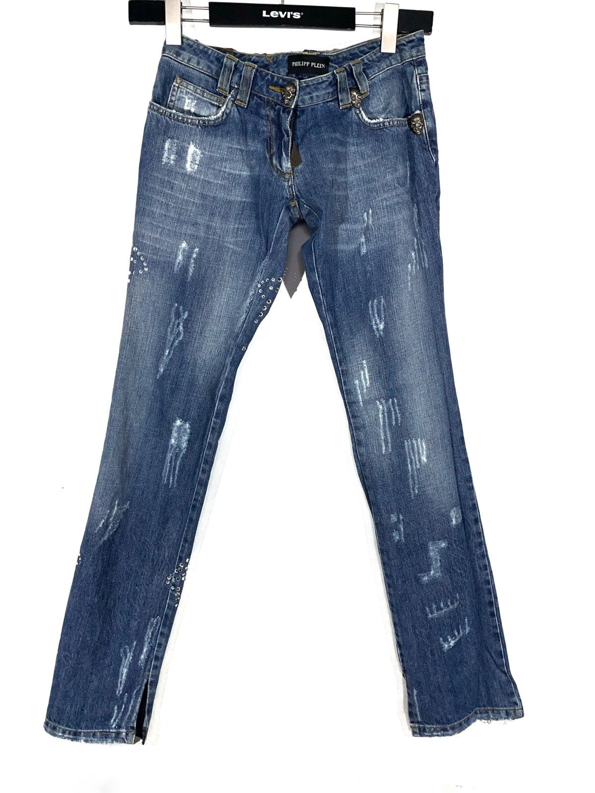 Philipp Plein Philipp Plein Women Y2K Blue Jeans Skull Stones Zip S-M Size 27" / US 4 / IT 40 - 1 Thumbnail