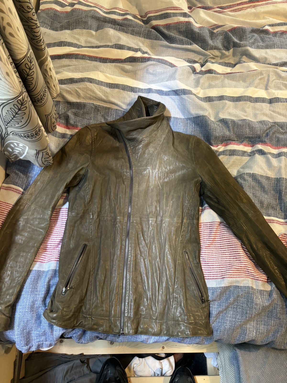 image of Julius 7 High Neck Leather Jacket in Brown, Men's (Size Medium)