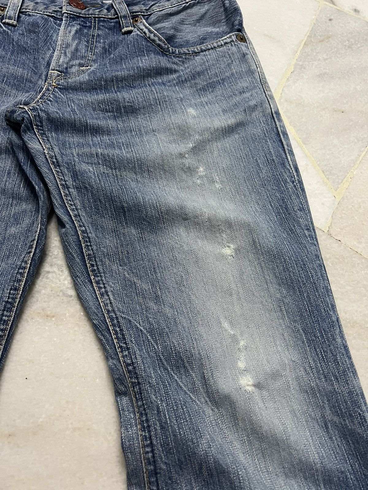 Edwin × Japanese Brand 💥Flare💥Edwin 503 Blue Trip Faded Distressed Jean Size US 30 / EU 46 - 8 Thumbnail