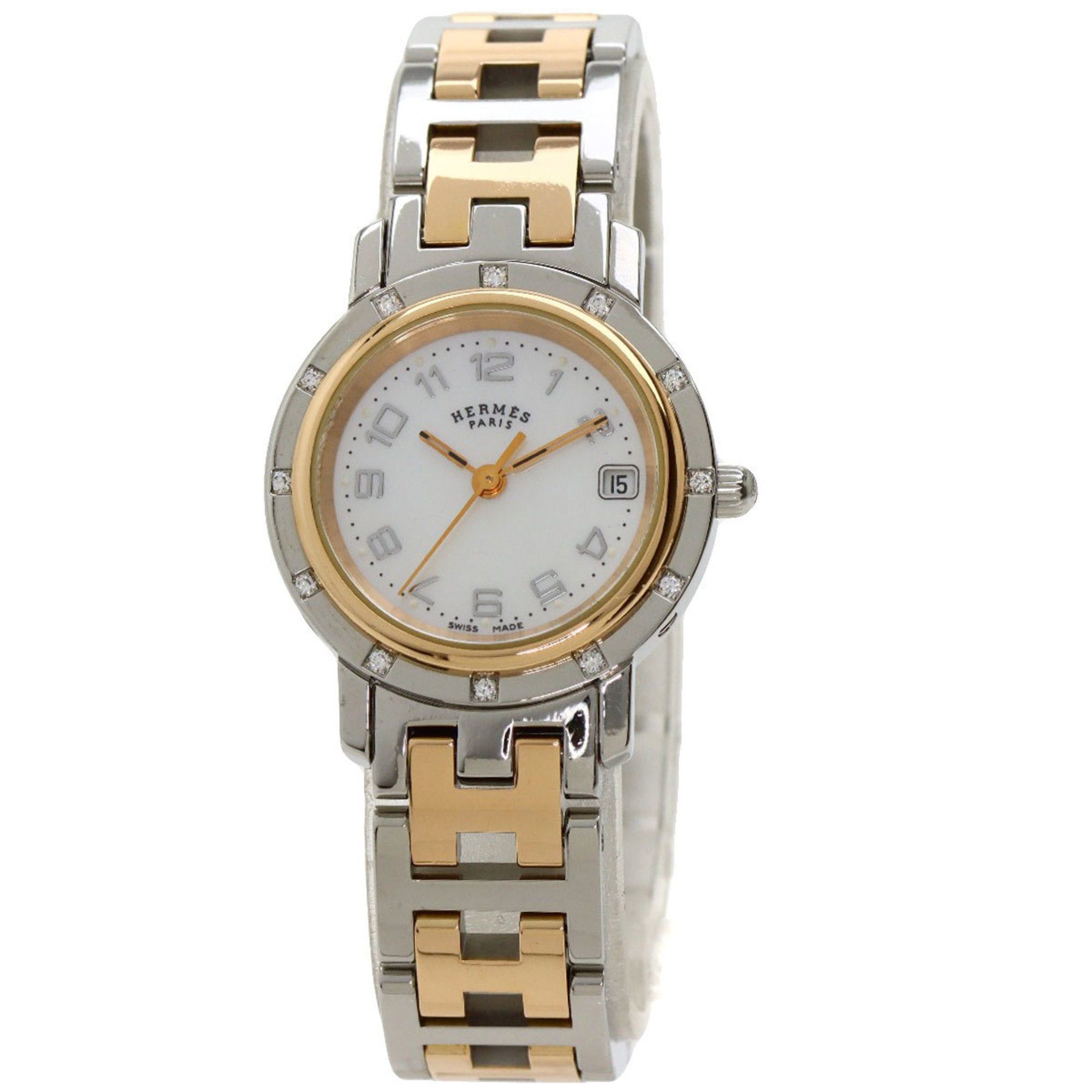 image of Hermes Cl4.222 Clipper Nacle 12P Diamond Bezel Watch Stainless Steel Ssxpgp Women's in Black