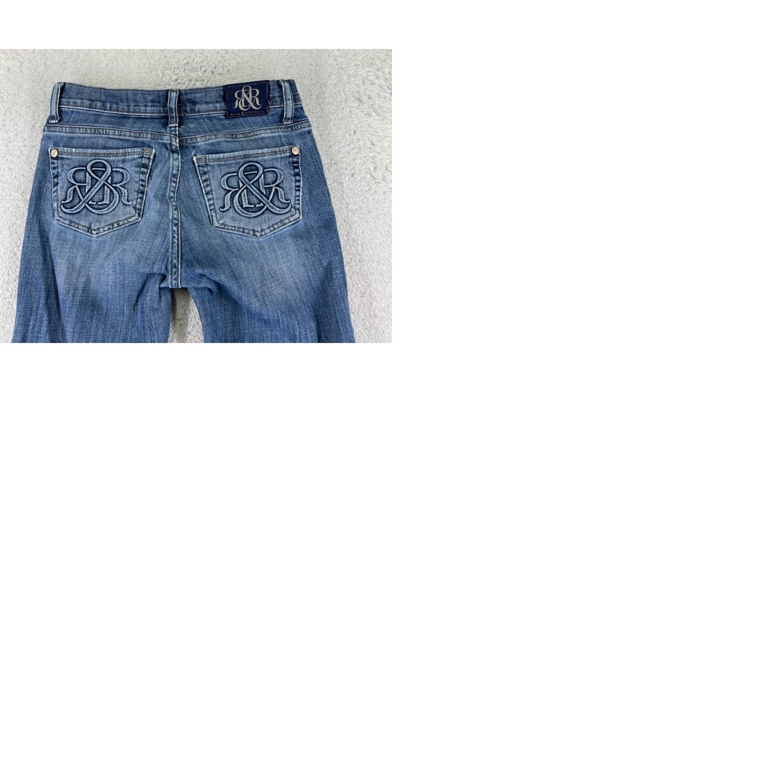 Vintage Rock & Republic Jeans Womens 4 Blue Denim Low Rise Flared 25x29 Cotton Blend 5-Pocket Zipper Button Embroidered Stretch Size 27" / US 4 / IT 40 - 10 Thumbnail
